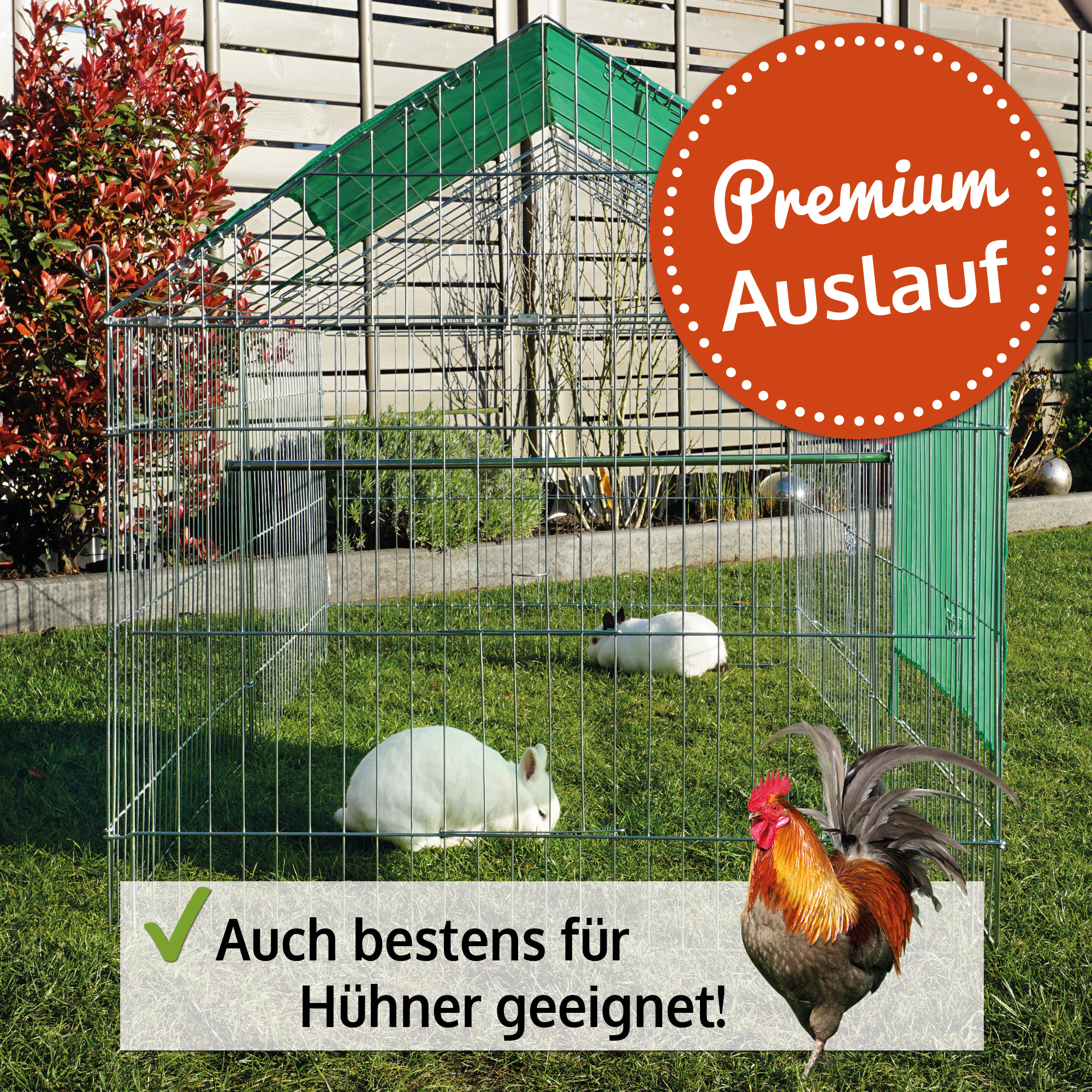 Kaninchenstallgehege mit Giebeldach und viel Schatten durch Plane