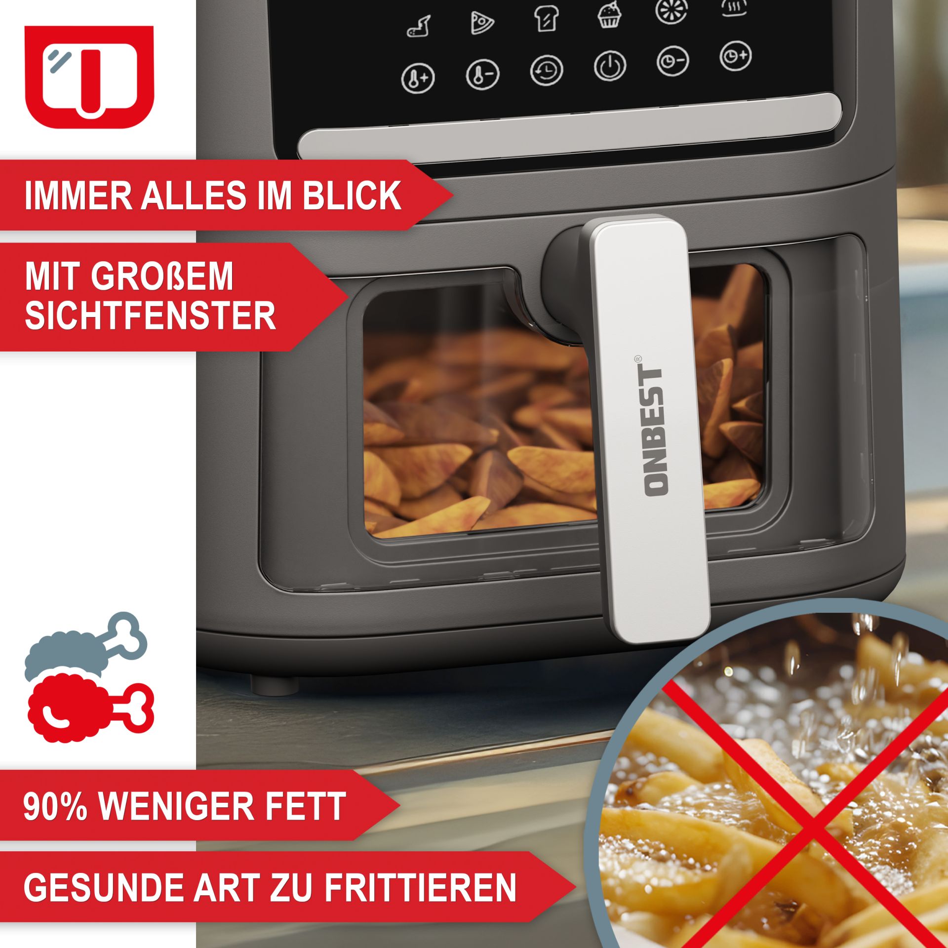 Heißluftfritteuse Airfryer - Mit großem Sichtfenster; 90% weniger Fett; gesunde Art zu frittieren