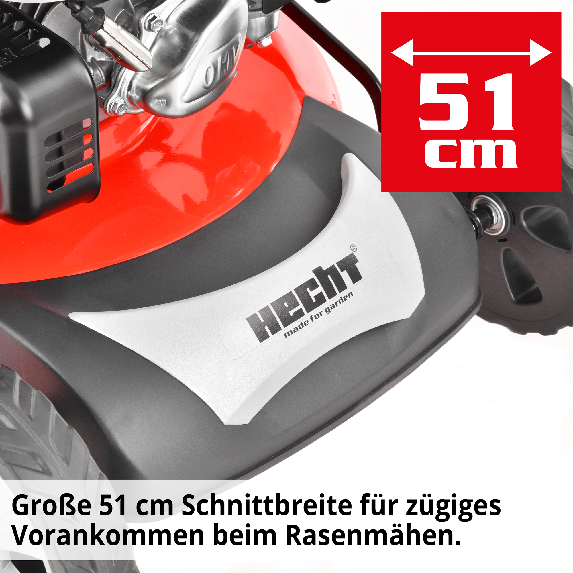 Rasenmäher Benzin Schnittbreite 51 cm großes Mähdeck Stahlgehäuse Frontansicht (Dieses Bild wurde mit Hilfe von KI generiert.)