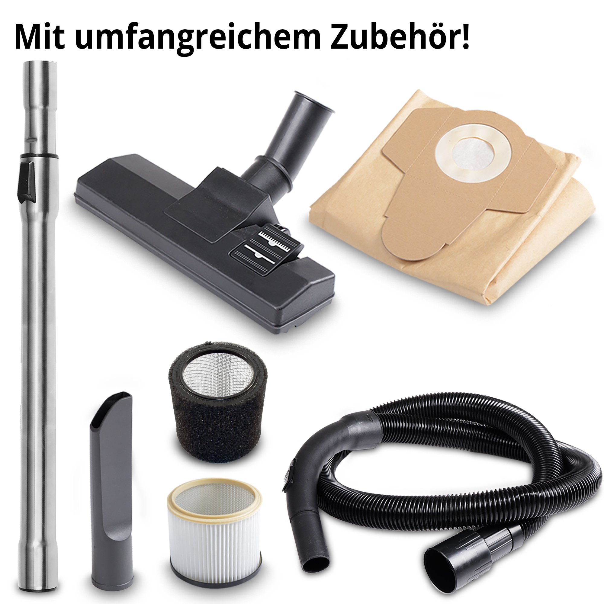 Industriesauger HECHT 8335Z mit Zubehörset aus Bodendüse, Filtern, Rohr, Schlauch und Beutel