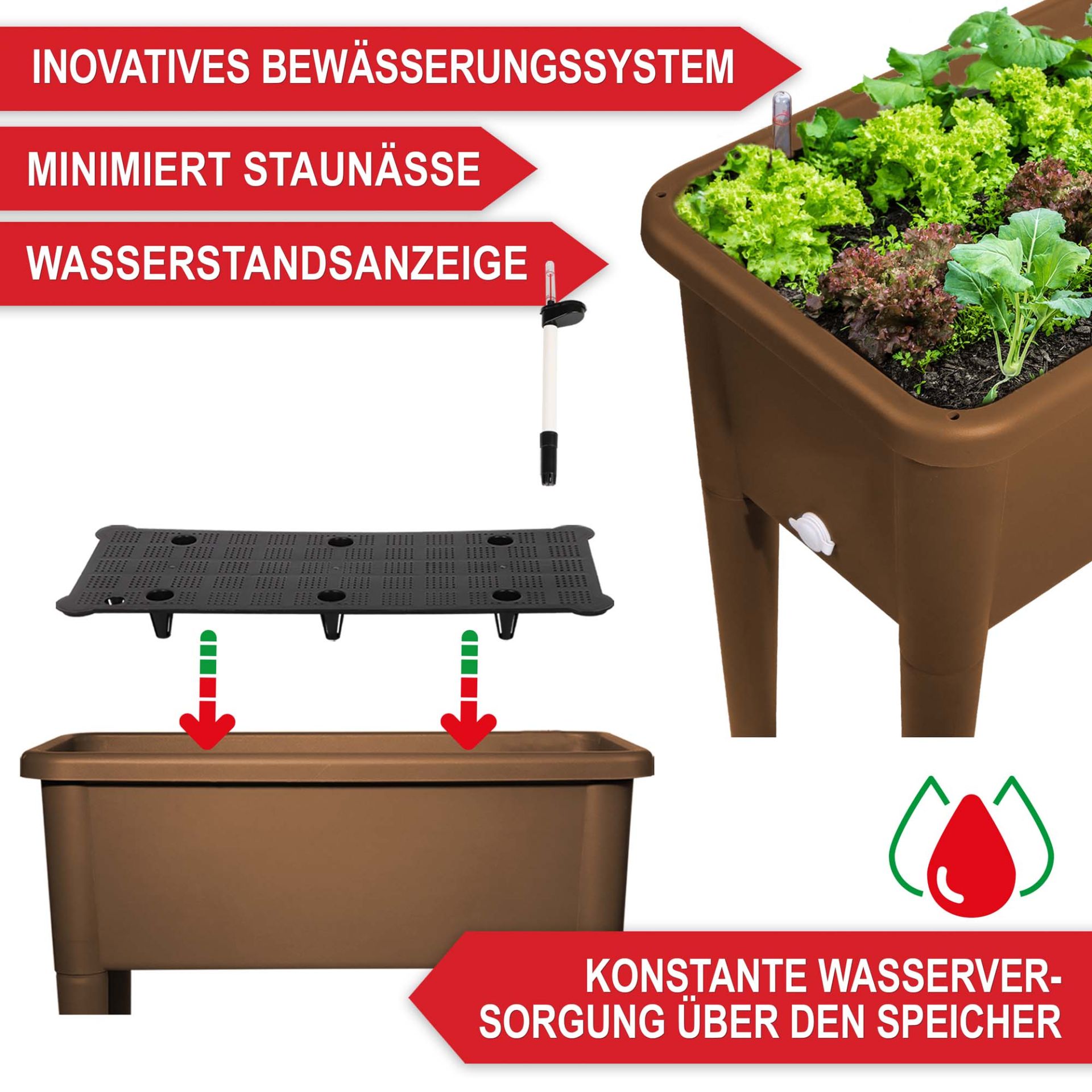 Hochbeet Kunststoff Coffee - Innovatives Bewässerungssystem; minimiert Staunässe; Wasserstandsanzeige; konstante Wasserversorgung über den Speicher Hochbeet Kunststoff Coffee - Innovatives Bewässerungssystem; minimiert Staunässe; Wasserstandsanzeige; konstante Wasserversorgung über den Speicher