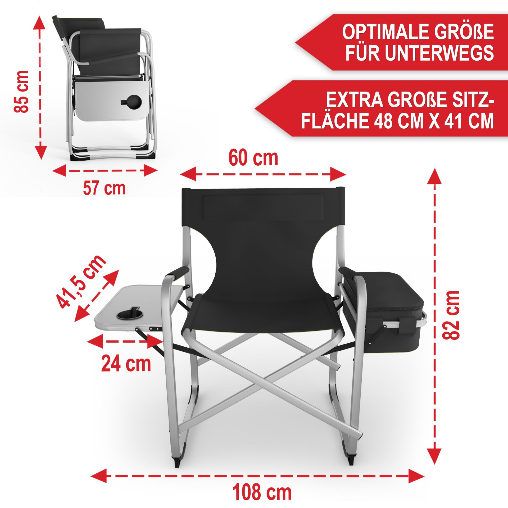 Campingstuhl mit Kühltasche schwarz - Optimale Größe für Unterwegs; extra große Sitzfläche