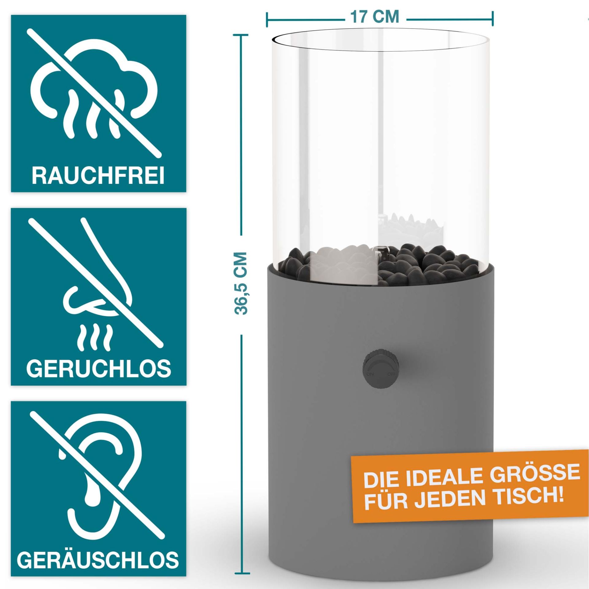 Tischkamin in kompakter Größe – 36,5 cm hoch, geruchslos, rauchfrei und geräuschlos