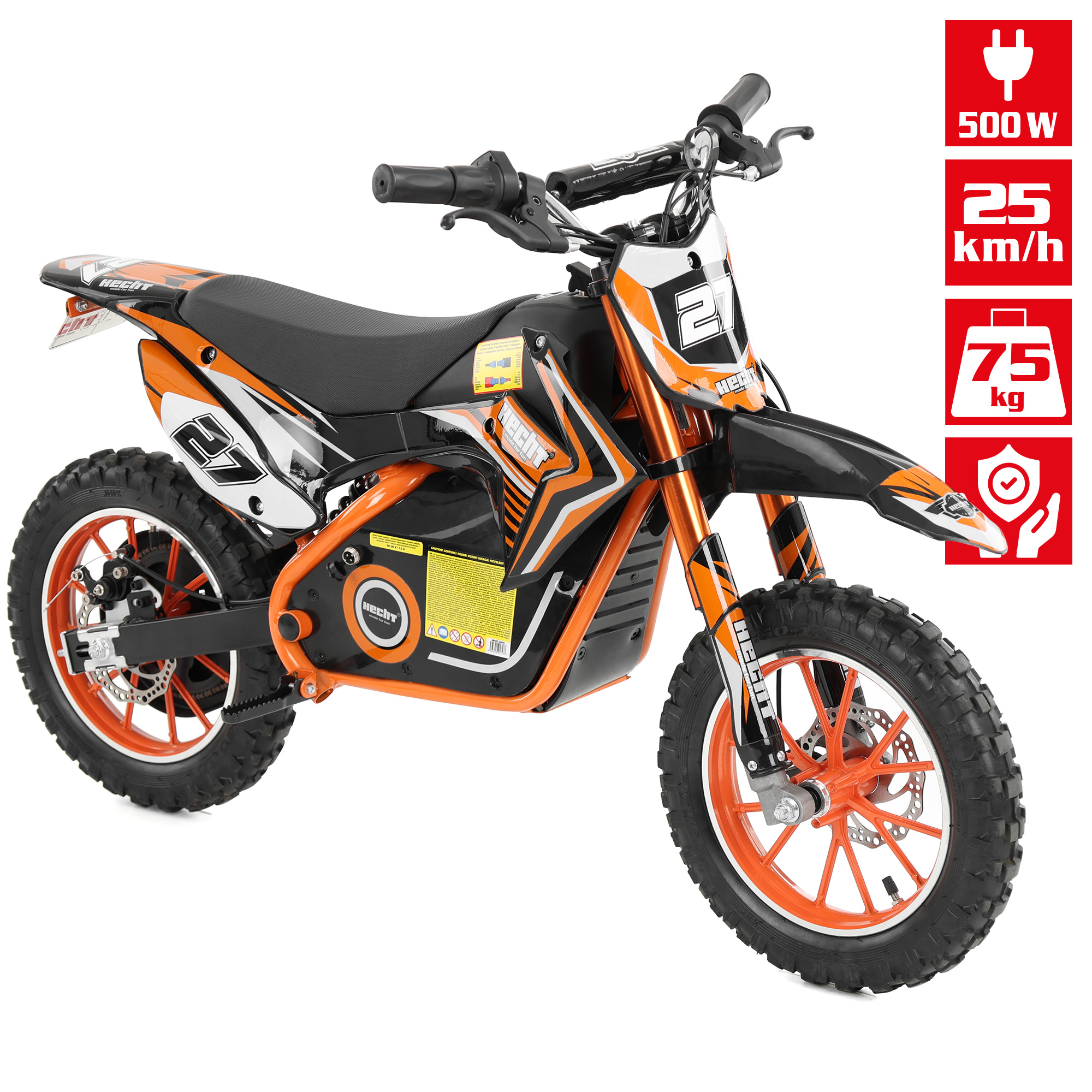 Elektro Pocketbike 500 W mit Symbolen zu Leistung, Tempo und Tragkraft