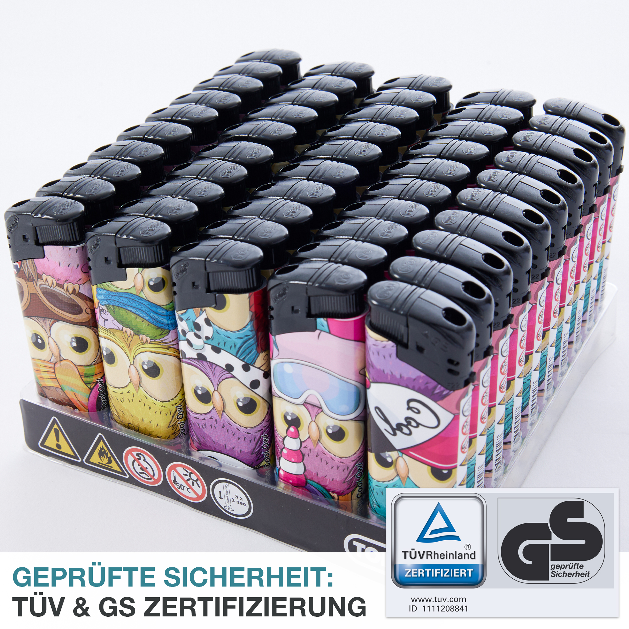 TOM Elektro-Feuerzeug Cool Owl – lustige Eulen mit Soft-Flamme