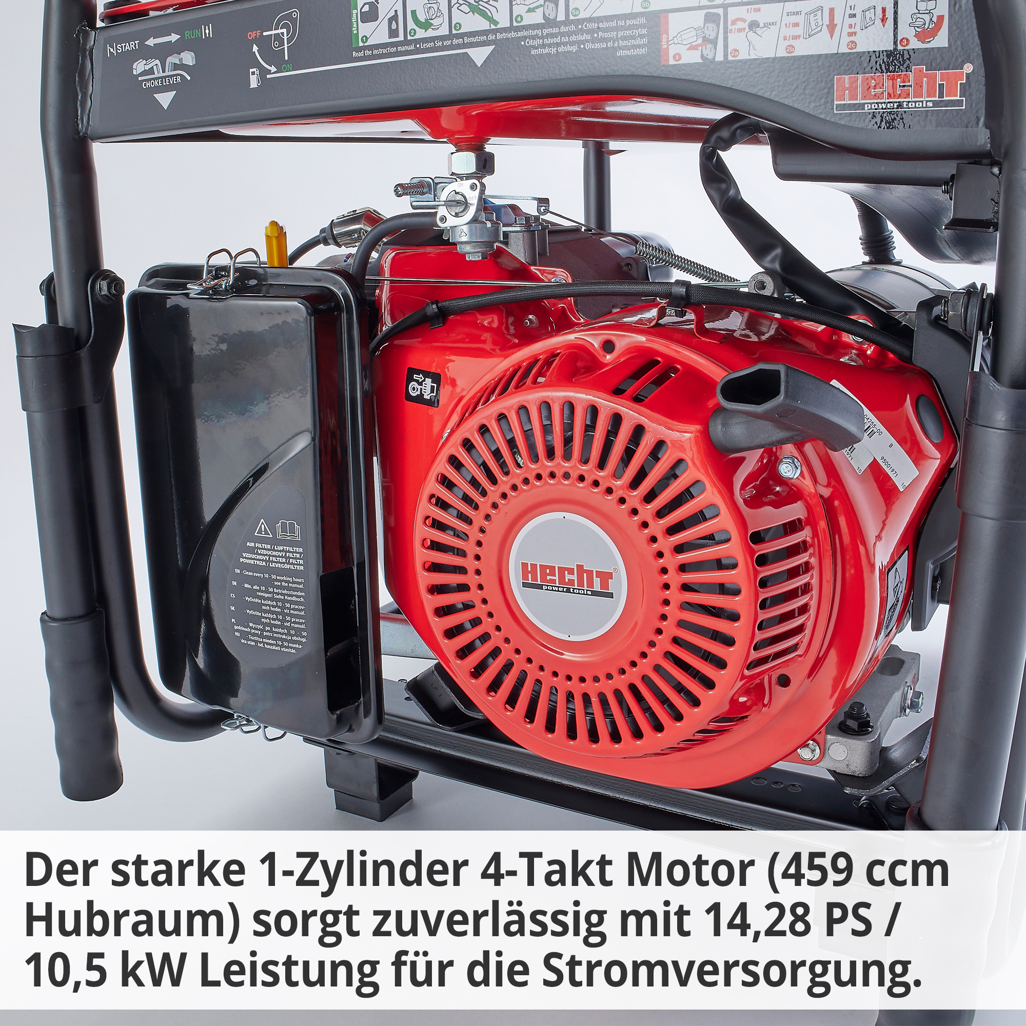 Hecht GG 11000 Notstromaggregat Benzin; Der starke 1-Zylinder 4-Takt Benzinmotor mit großem Hubraum sorgt zuverlässig für die Stromversorgung