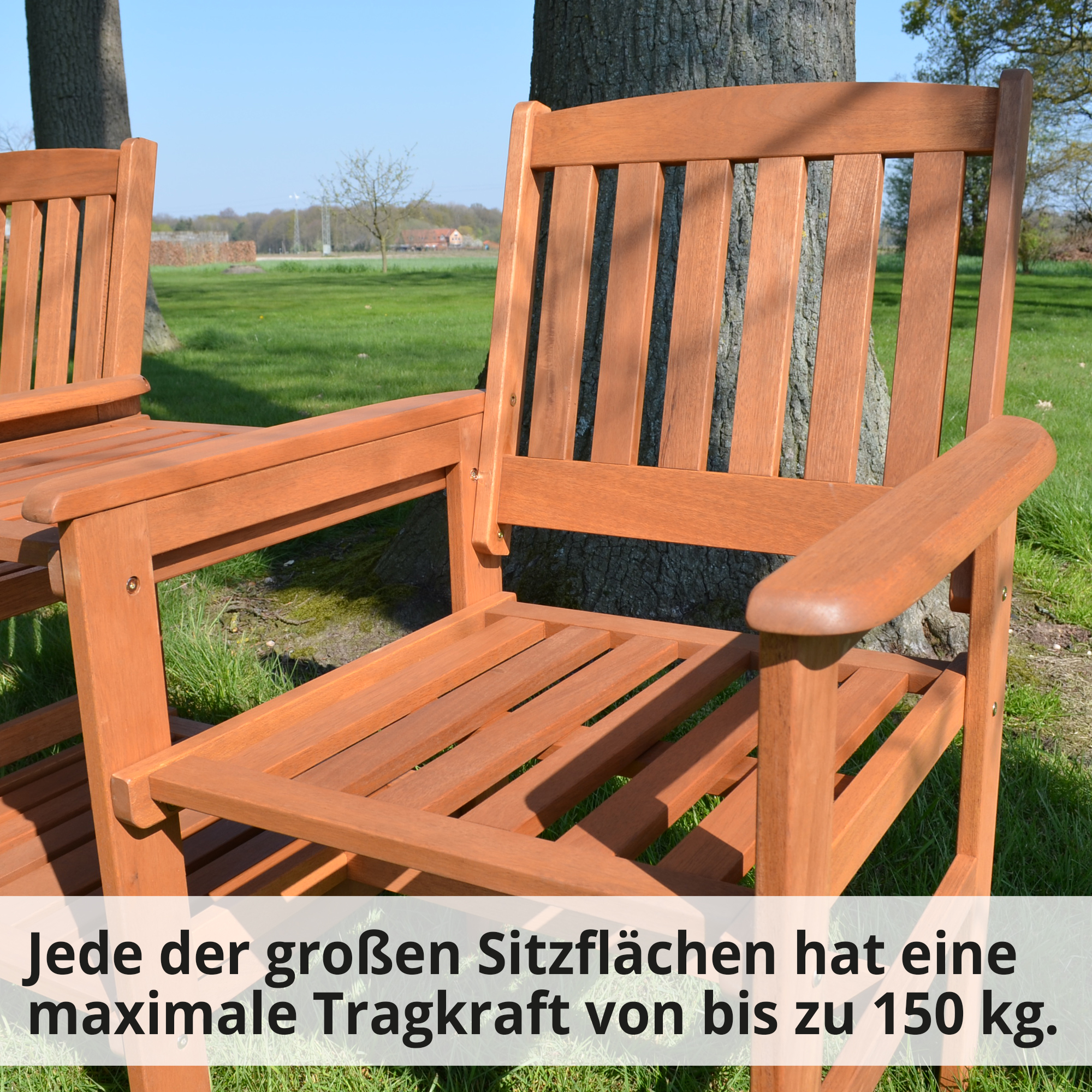 Gartenbank mit großer Sitzfläche – je Stuhl belastbar bis 150 kg, ideal für zwei Personen Gartenbank mit großer Sitzfläche – je Stuhl belastbar bis 150 kg, ideal für zwei Personen