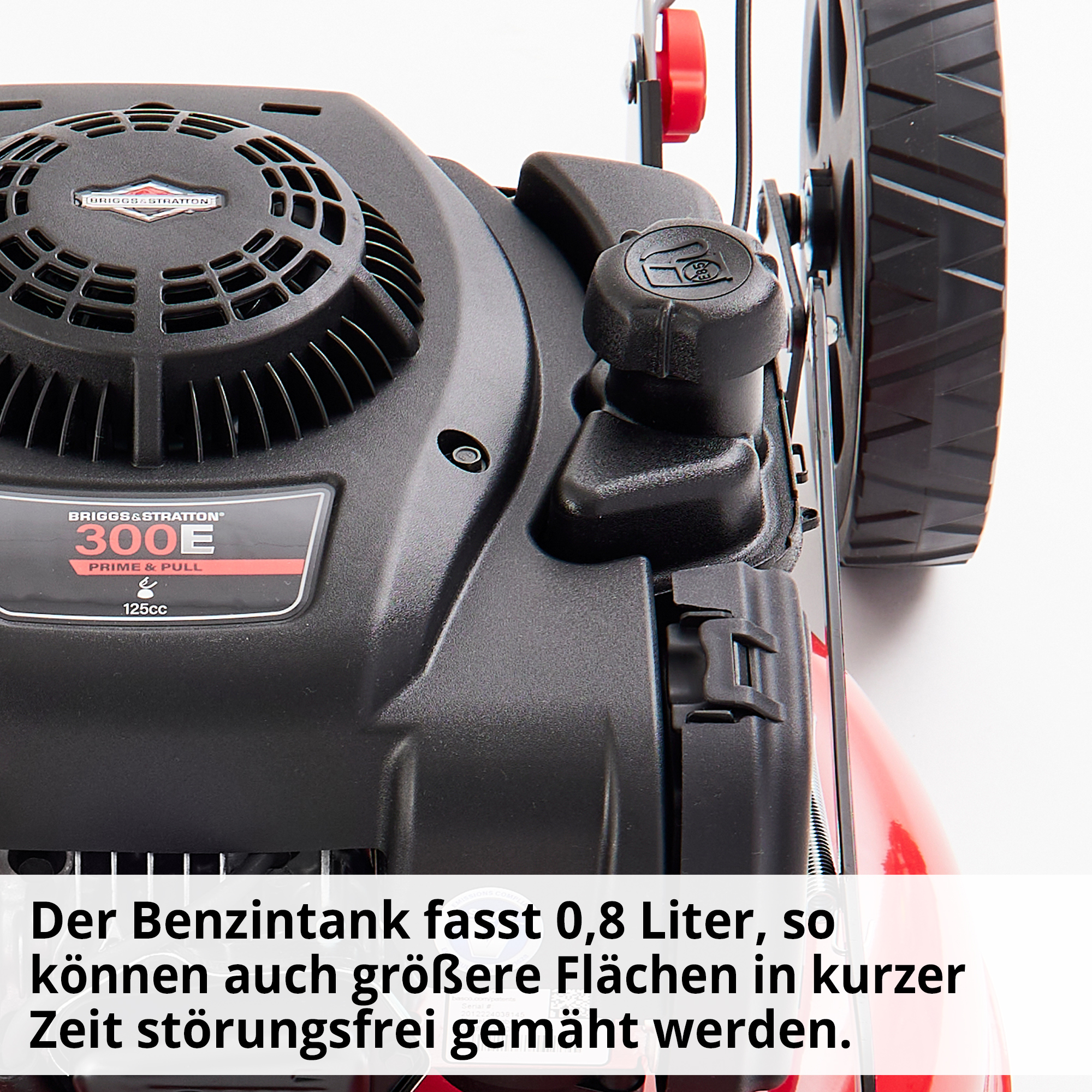 Benzin-Rasenmäher mit großem 800 ml Kraftstofftank ideal für große Flächen 