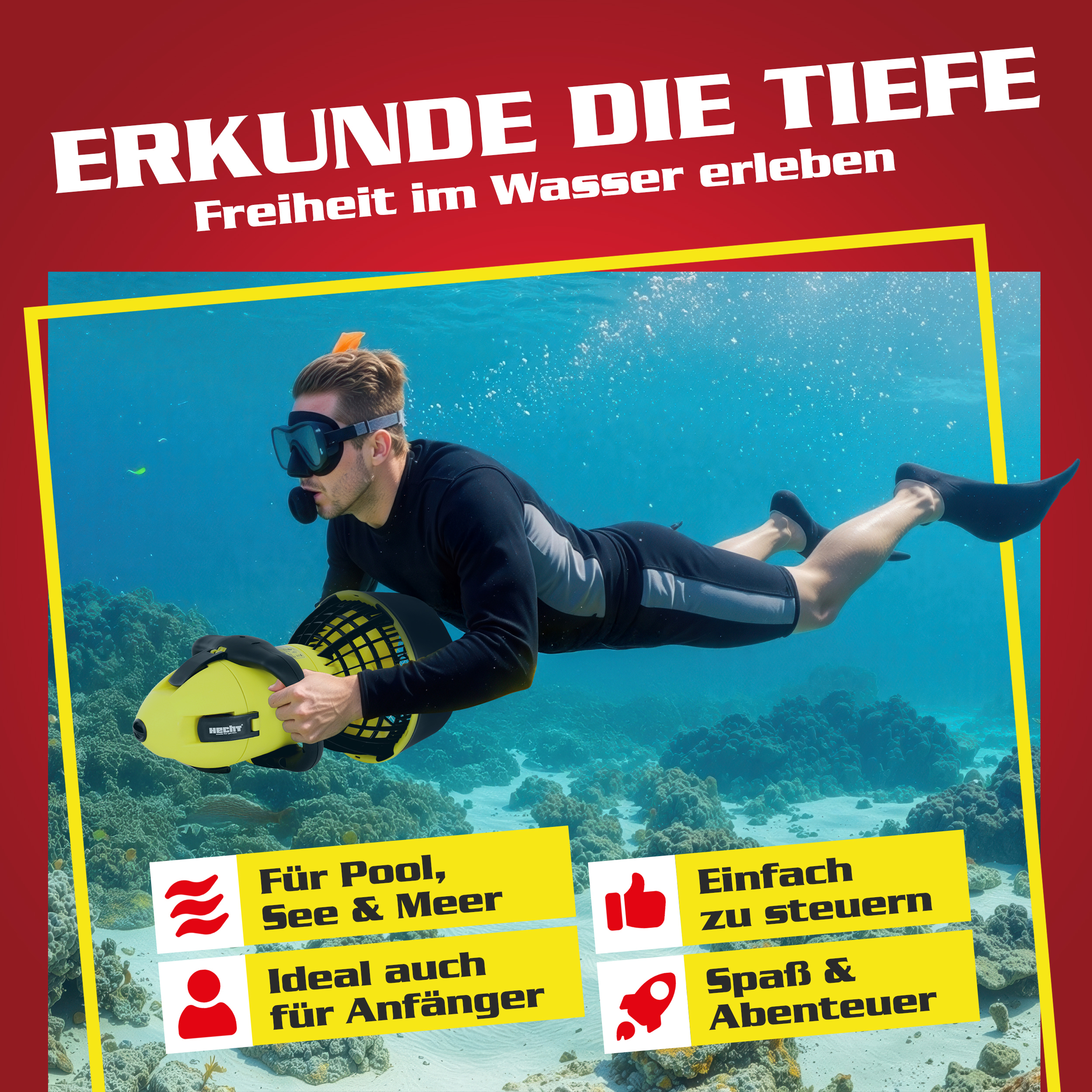 HECHT 4499 Wasserscooter mit montiertem Akku und Ladegerät daneben