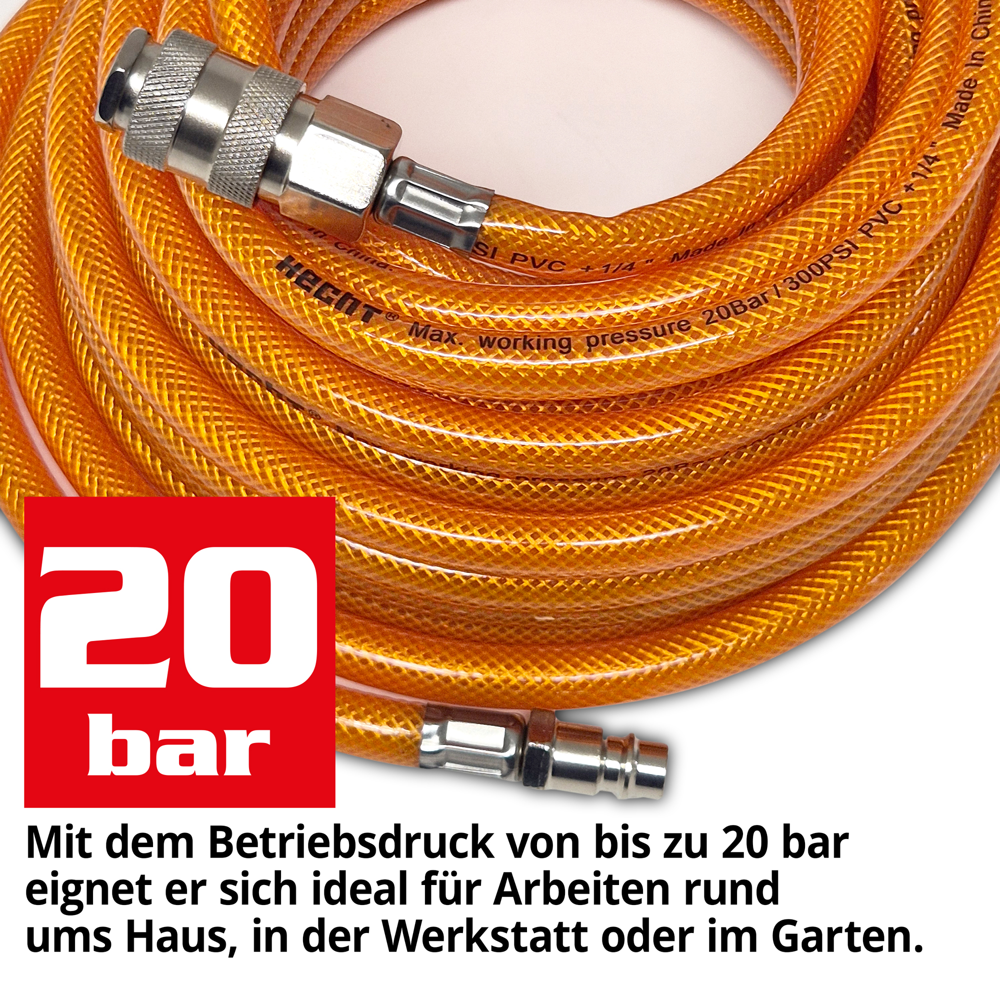 Druckluftschlauch mit hohem Betriebsdruck, eignet sich ideal für Arbeiten rund ums Haus, in der Werkstatt oder im Garten
