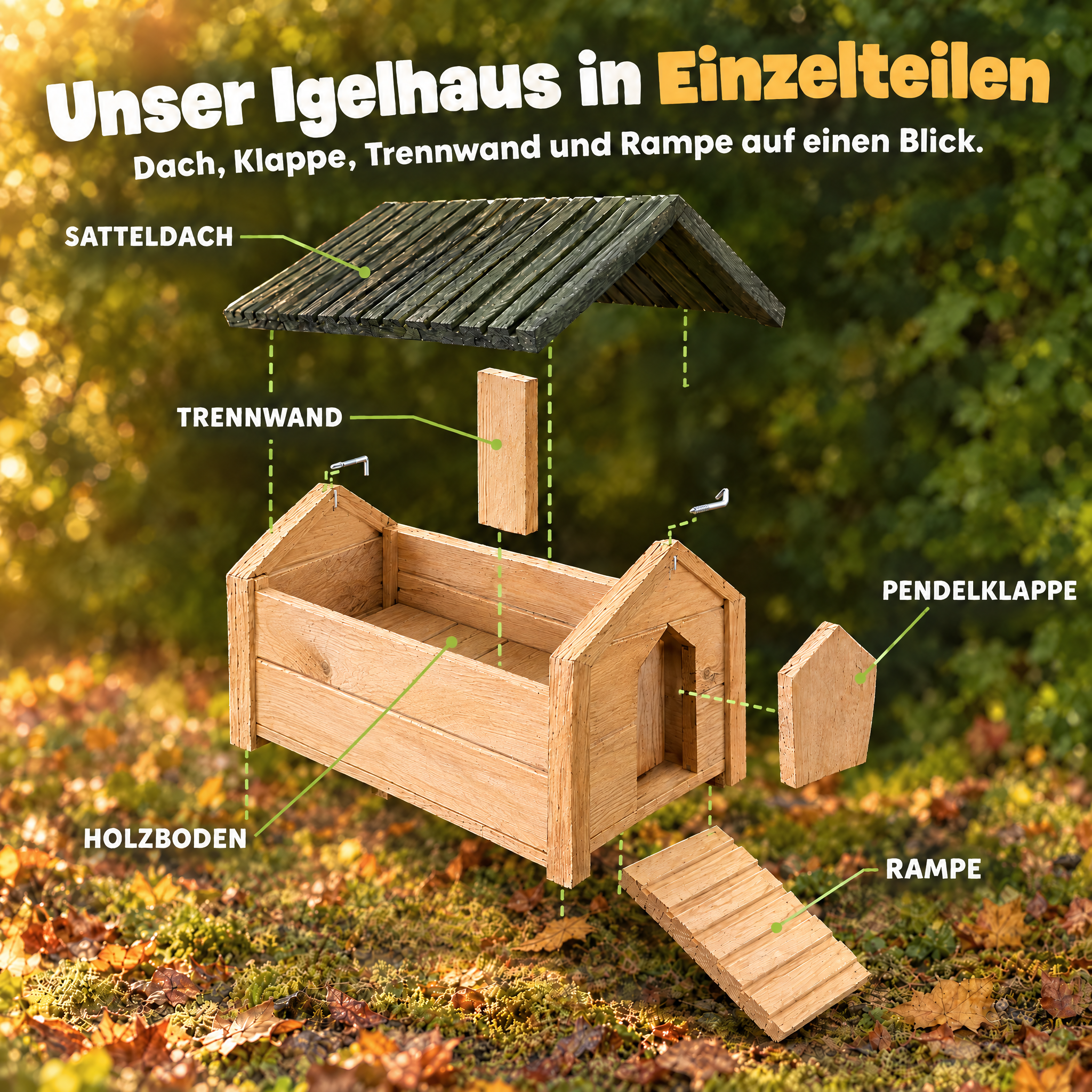 Igelhaus Einzelteile: Dach, Trennwand, Klappe, Rampe und Boden (Dieses Bild wurde mit Hilfe von KI generiert.)