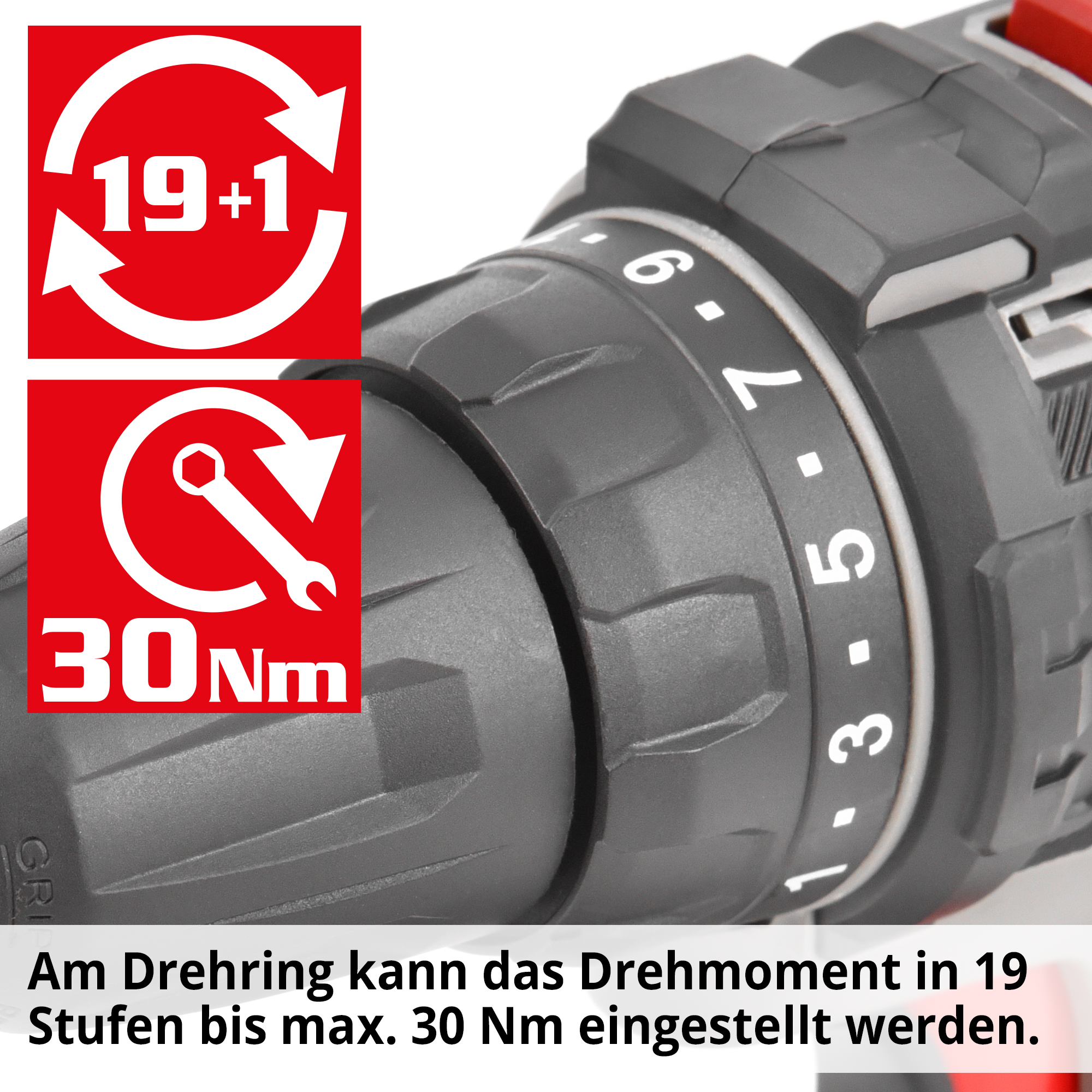 HECHT 1248 Akkuschrauber; Am Drehring kann das Drehmoment in 19 Stufen bis max. 30 Nm eingestellt werden