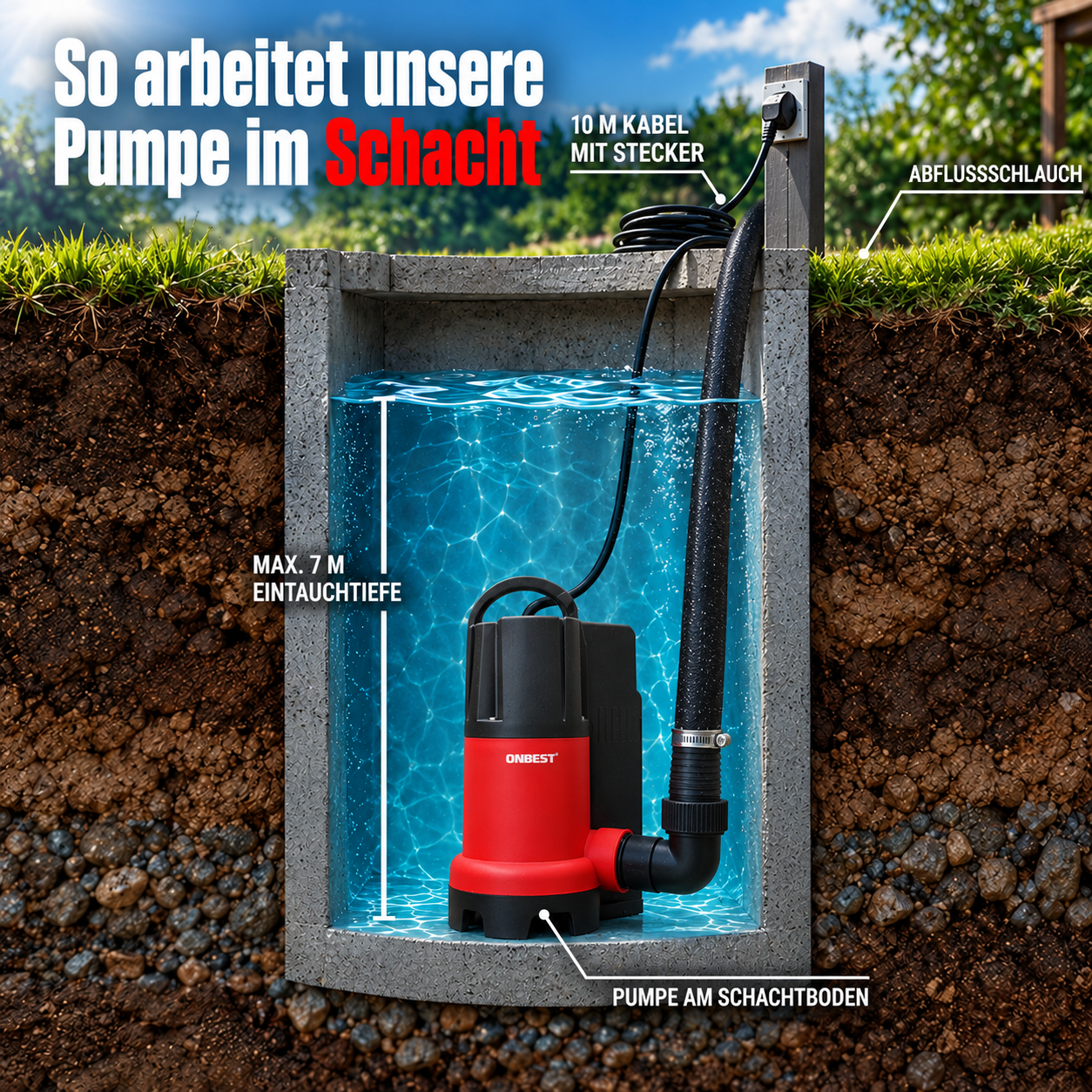 Schachtpumpe im Einsatz: 7 Meter Eintauchtiefe mit 10 m langem Kabel (Dieses Bild wurde mit Hilfe von KI generiert.)