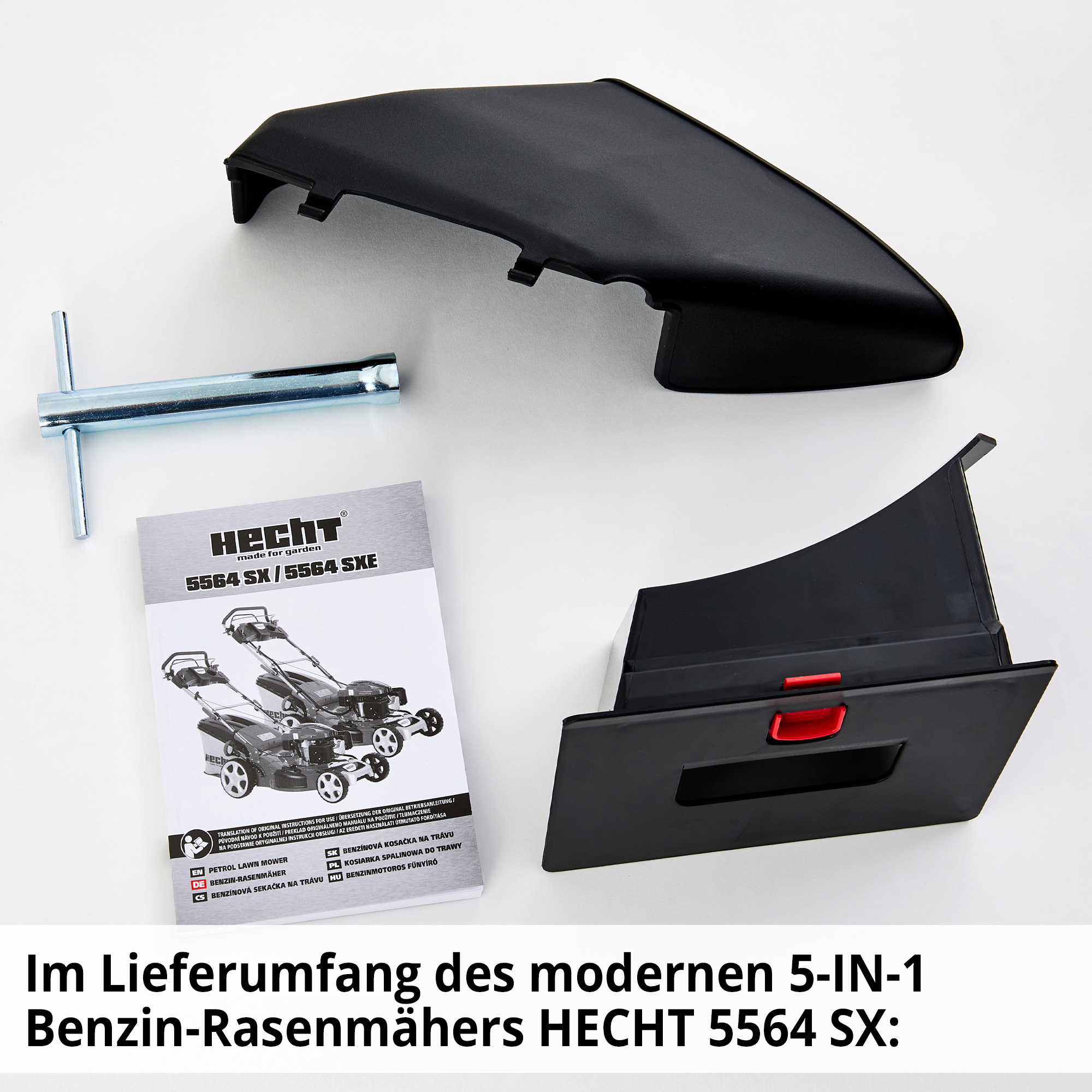 Lieferumfang des HECHT 5564 SX Benzin-Rasenmähers mit Mulchaufsatz, Seitenauswurf, Montagewerkzeug und Bedienungsanleitung