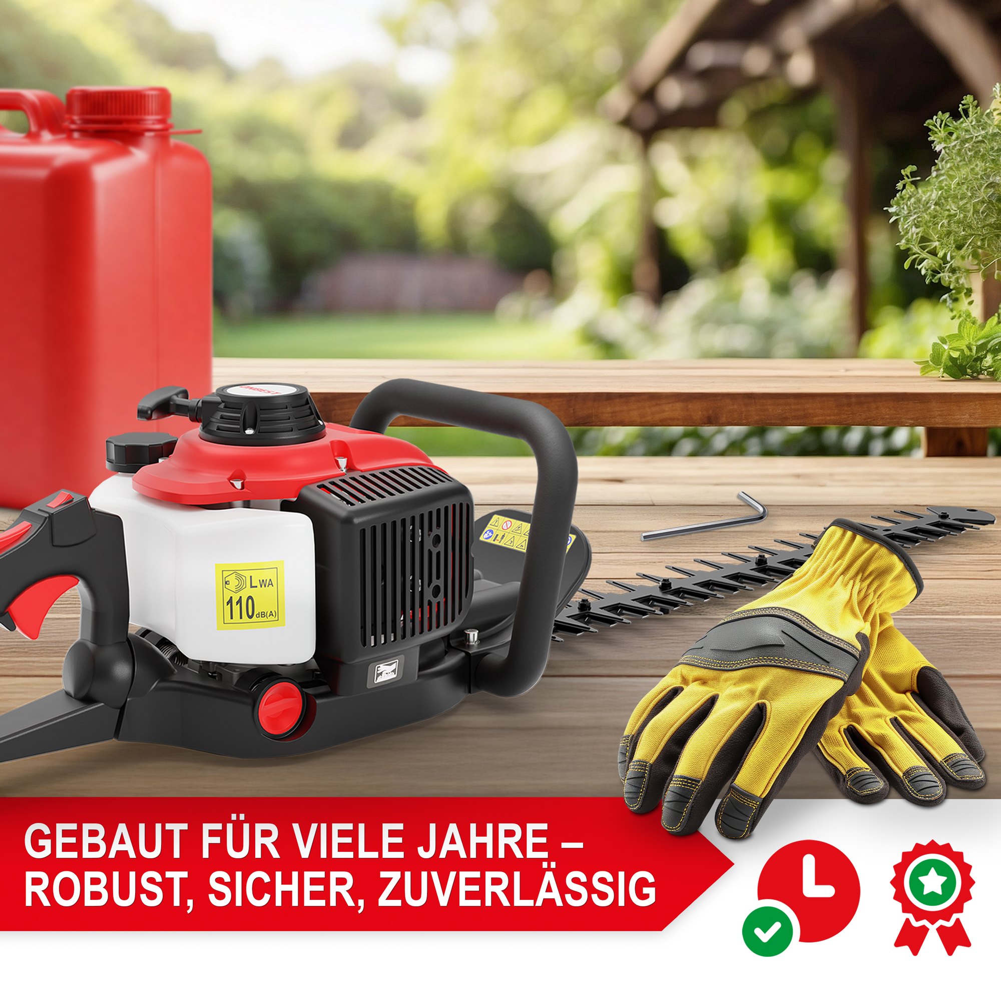 Heckenschere HT6275 von ONBEST – Bedienung über 2-Hand-Griff mit Schutz
