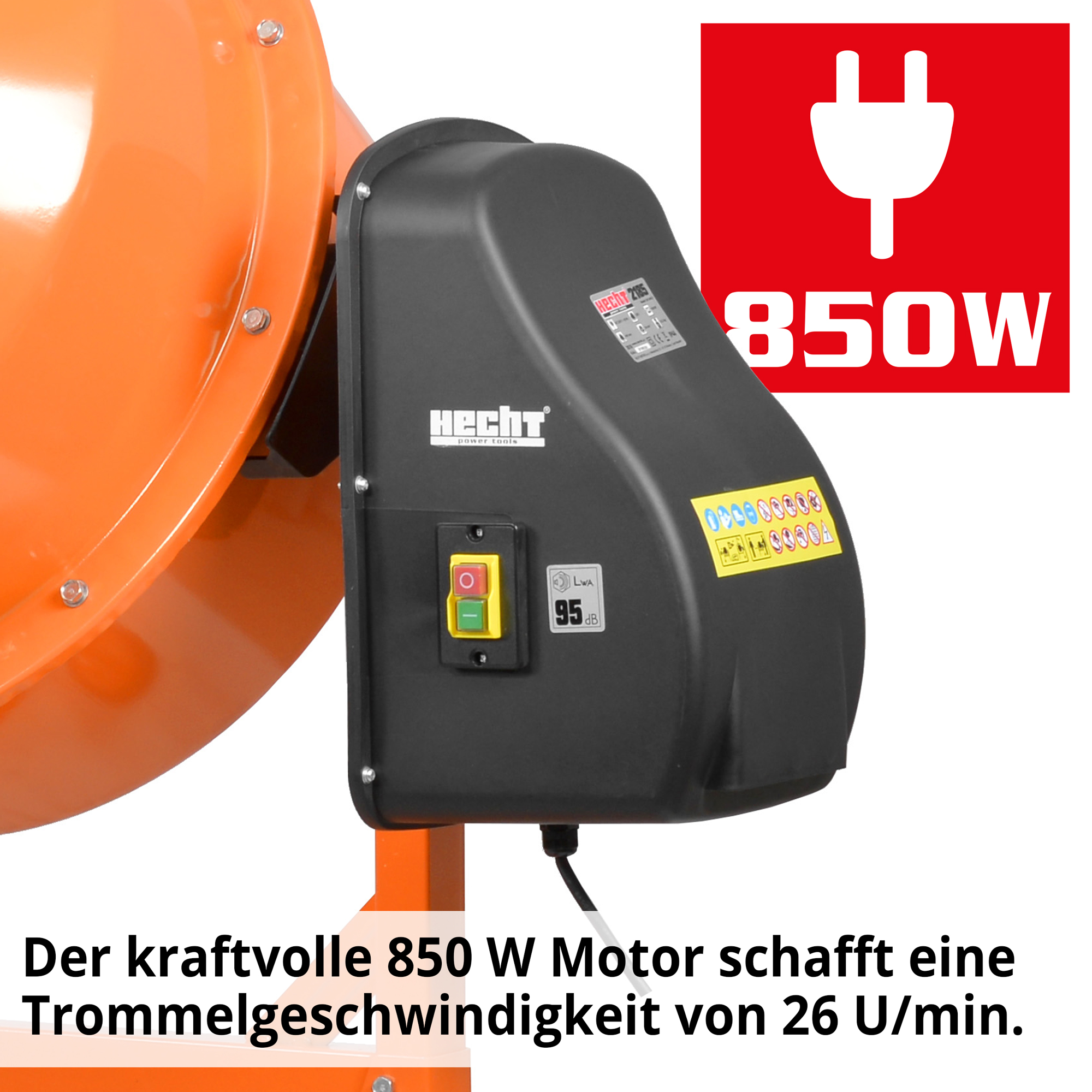 HECHT Betonmischer 2185 Betonmischer mit kraftvollem 850 W Motor und 26 U/min Trommelgeschwindigkeit