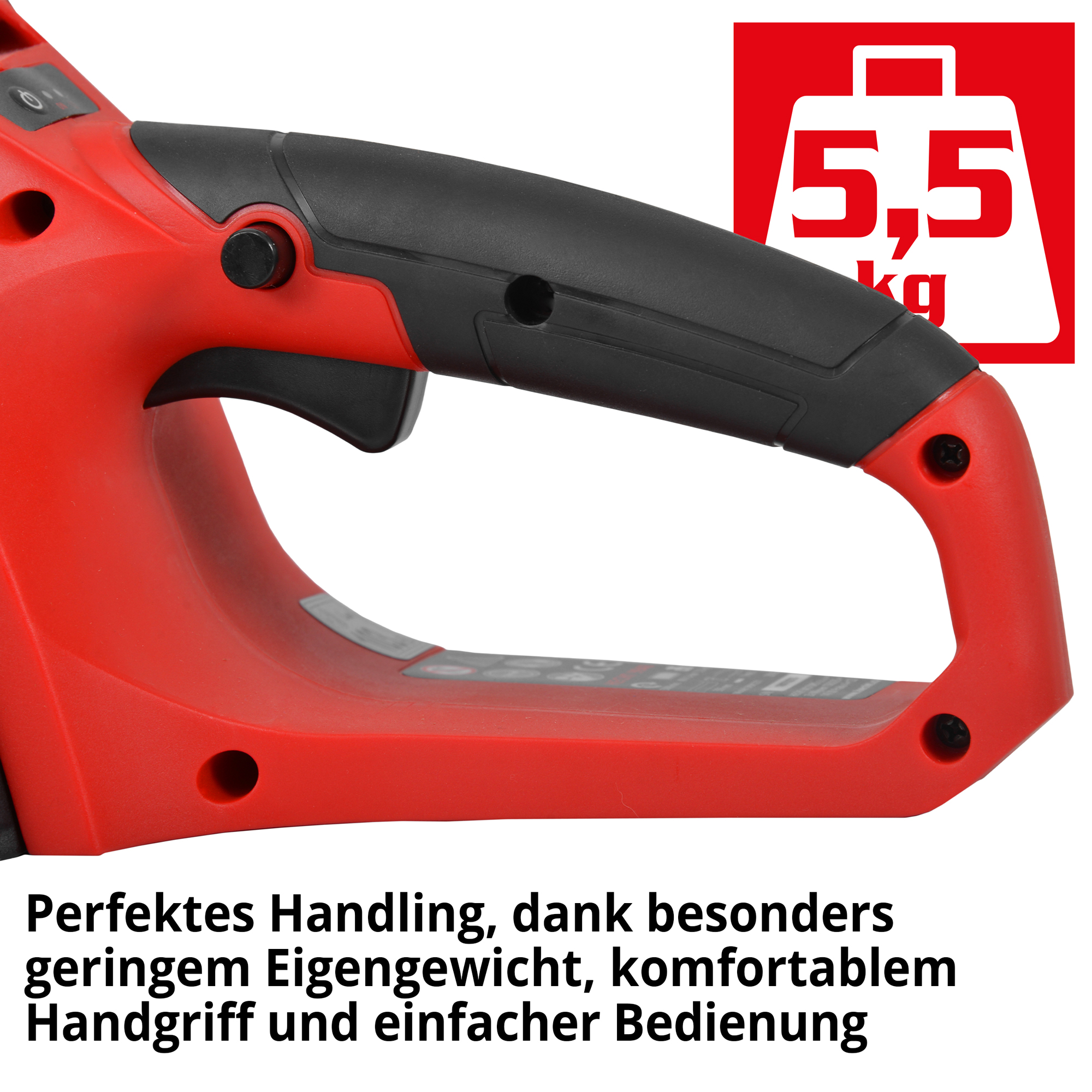 Akku Kettensäge; Geringes Gewicht von 5,5 Kilogramm, komfortabler Handgriff und einfache Bedienung Akku Kettensäge; Geringes Gewicht von 5,5 Kilogramm, komfortabler Handgriff und einfache Bedienung