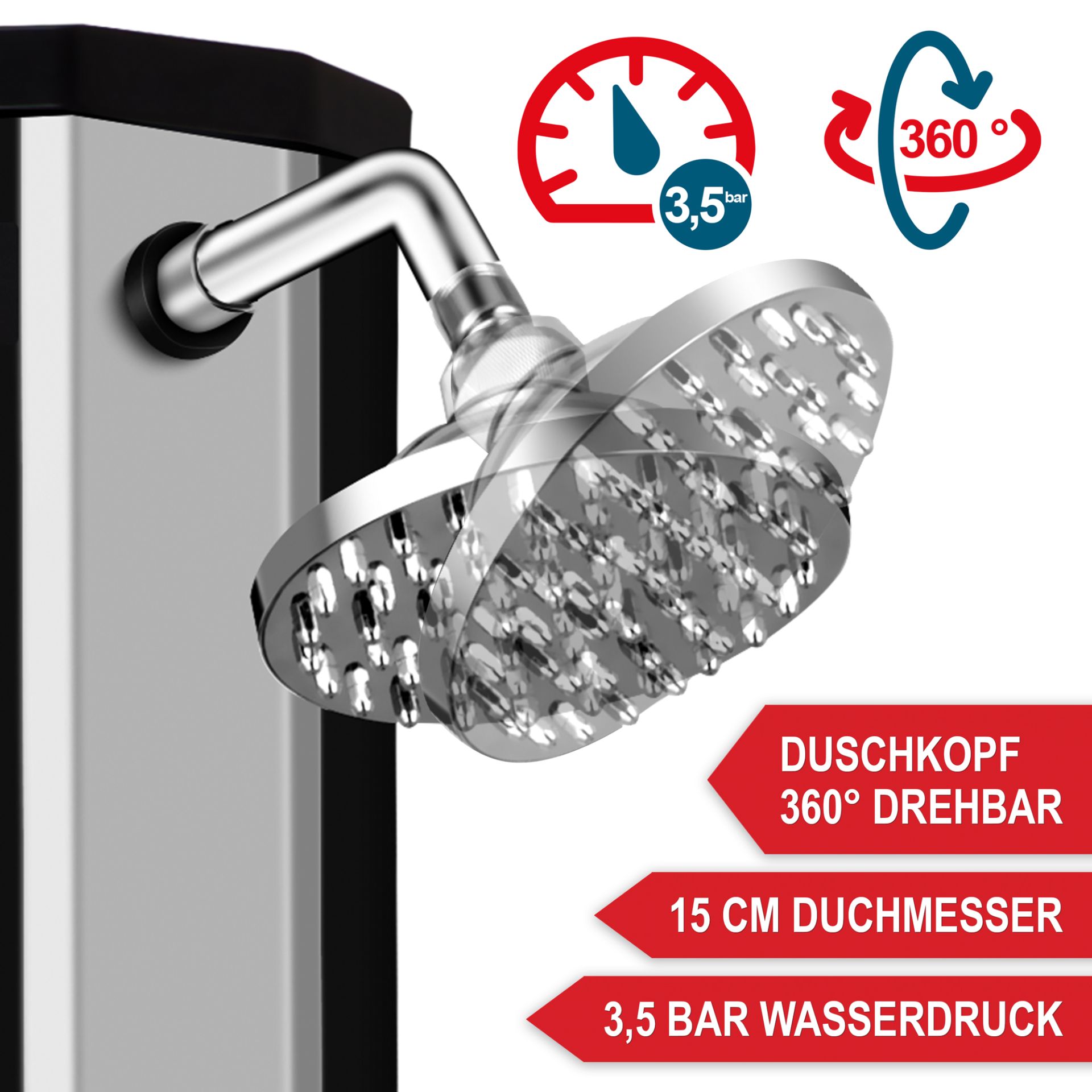 Solardusche schwarz/ silber - Duschkopf 360 Grad drehbar, optimaler Durchmesser, hoher Wasserdruck