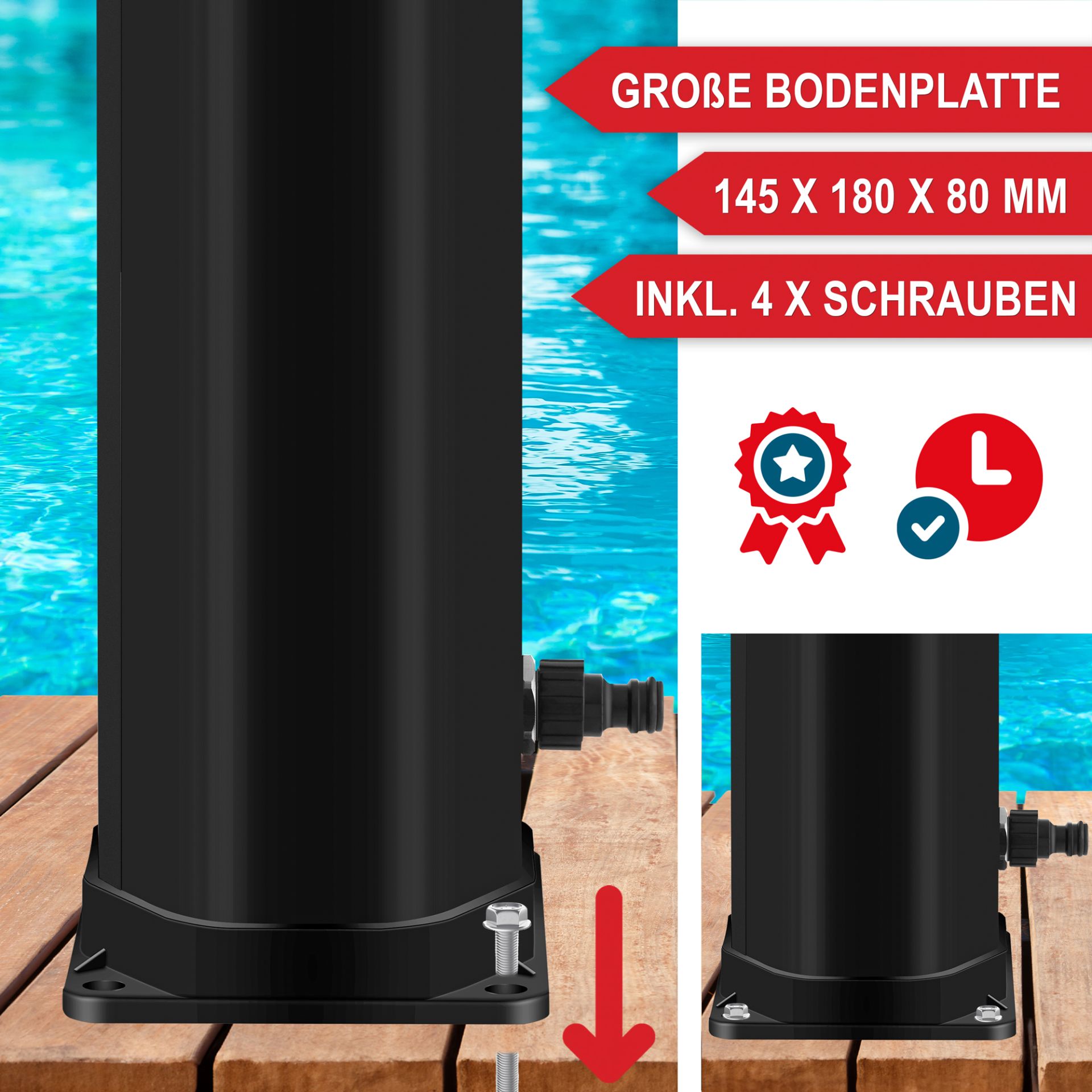 Solardusche schwarz - große Bodenplatte, inklusive 4 Schrauben Solardusche schwarz - große Bodenplatte, inklusive 4 Schrauben
