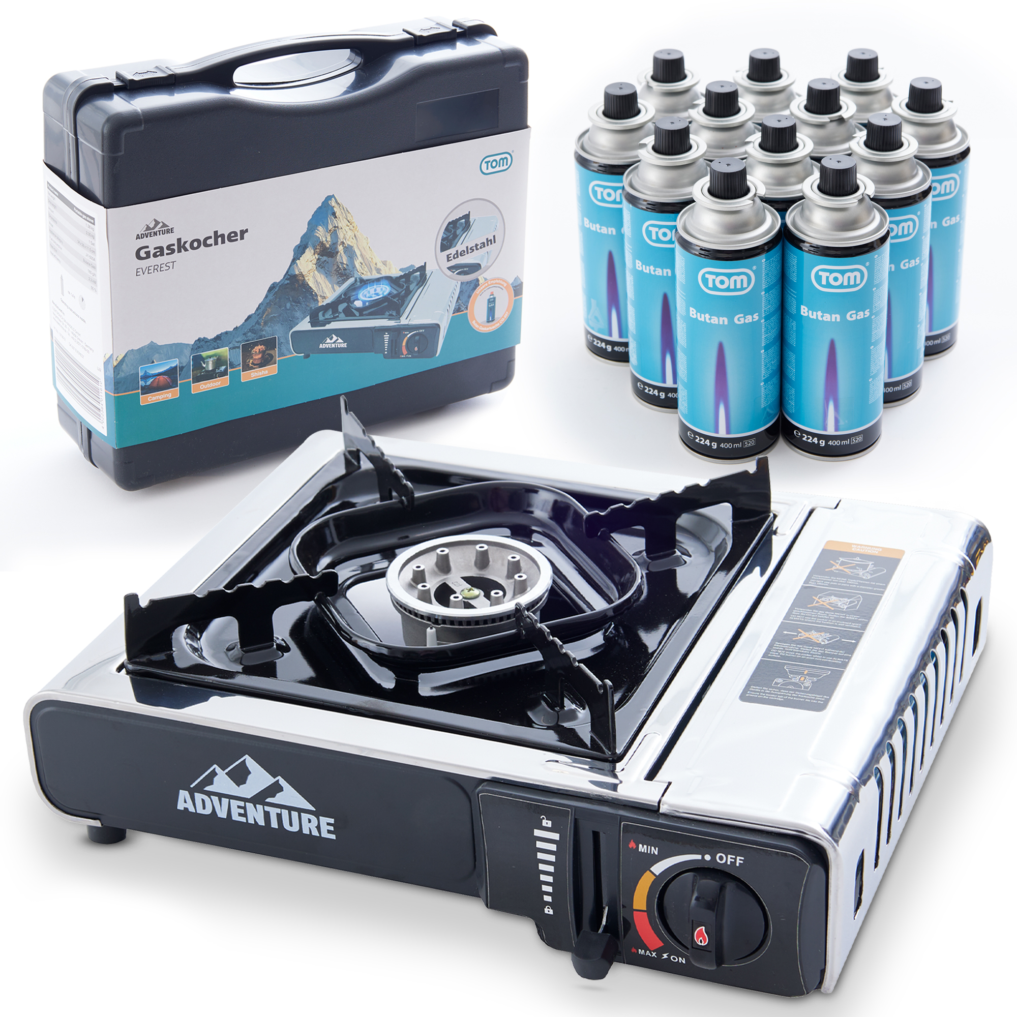 Komplett-Set für Outdoor-Abenteuer - Gaskocher GK-227 mit 12 bzw. 16 x TOM Butangas CG-227 – Ideal für Camping und Reisen