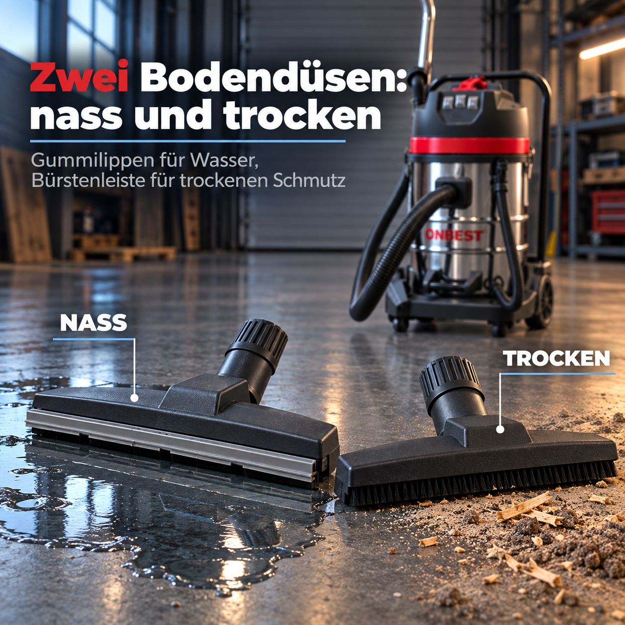 Nass-Trockensauger Bodendüsen: Spezialaufsätze für Wasser und Schmutz (Dieses Bild wurde mit Hilfe von KI generiert.)