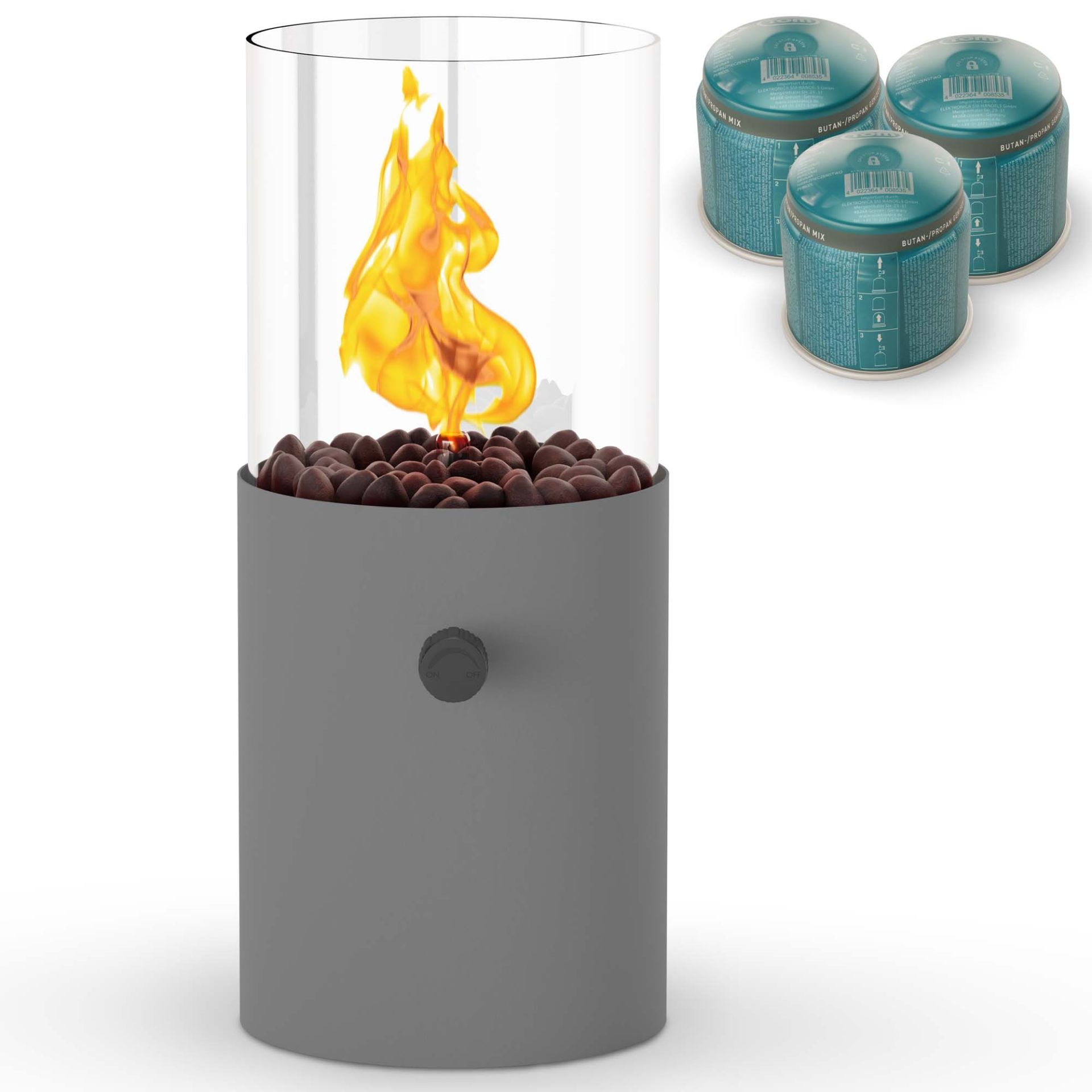 Tischkamin mit grauem Gehäuse und Deko-Steinen, inklusive drei Stechgaskartuschen