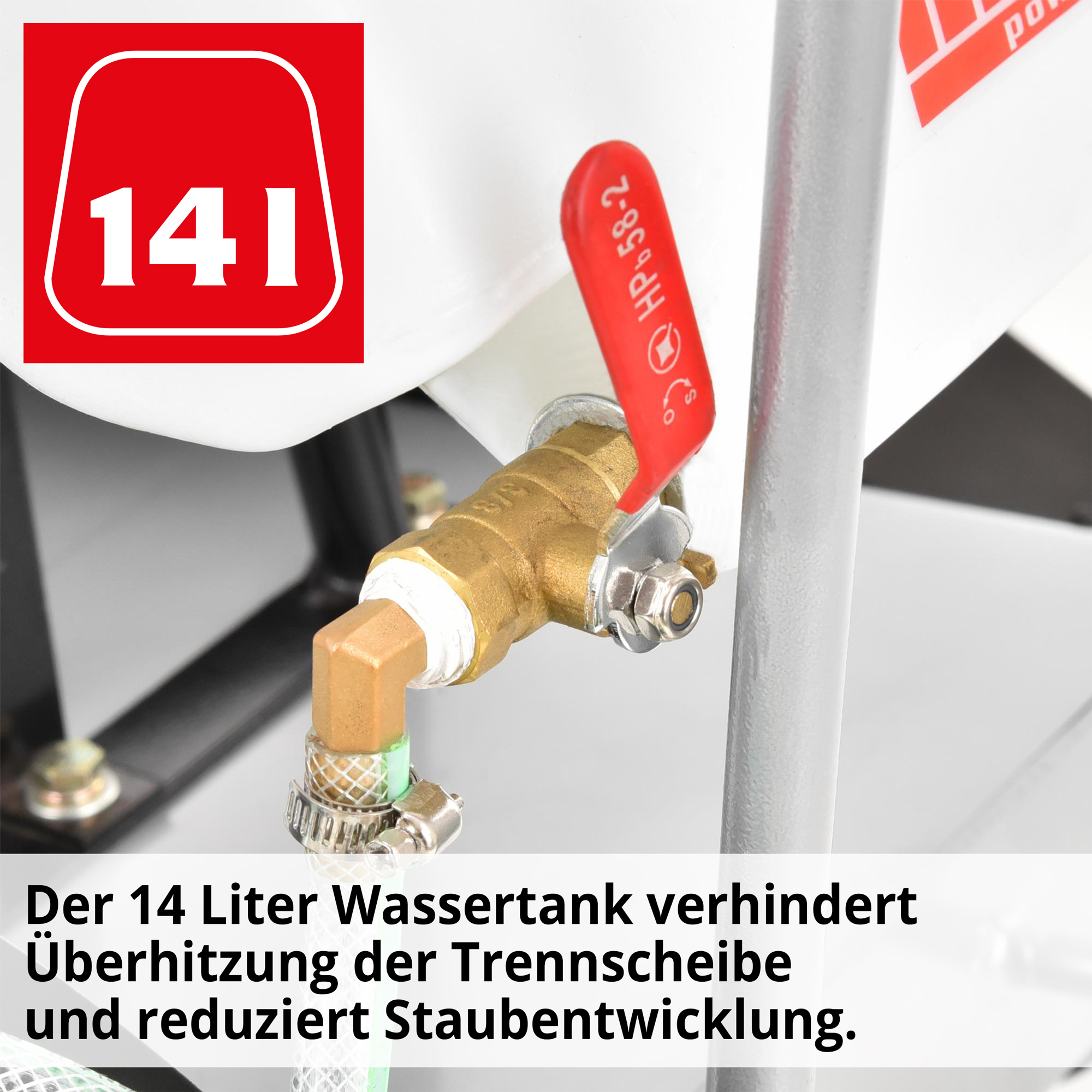 HECHT 1900 Betonschneider; der 14 Liter Wassertank verhindert Überhitzung der Trennscheide und reduziert Staubentwicklung
