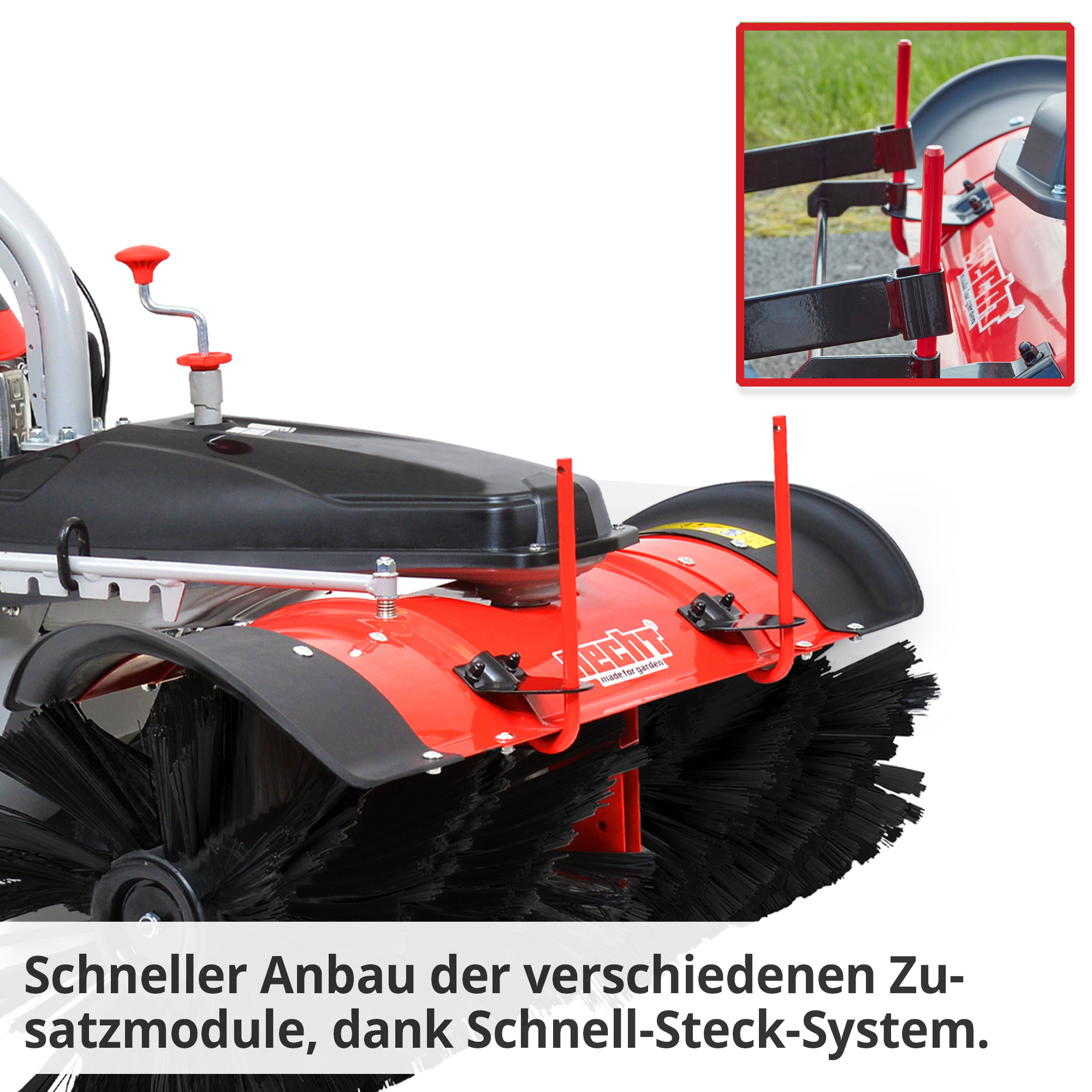 HECHT Benzin Kehrmaschine 8101 BS Kehrmaschine schneller Anbau der verschiedenen Zusatzumodule per Schnell-Steck-System