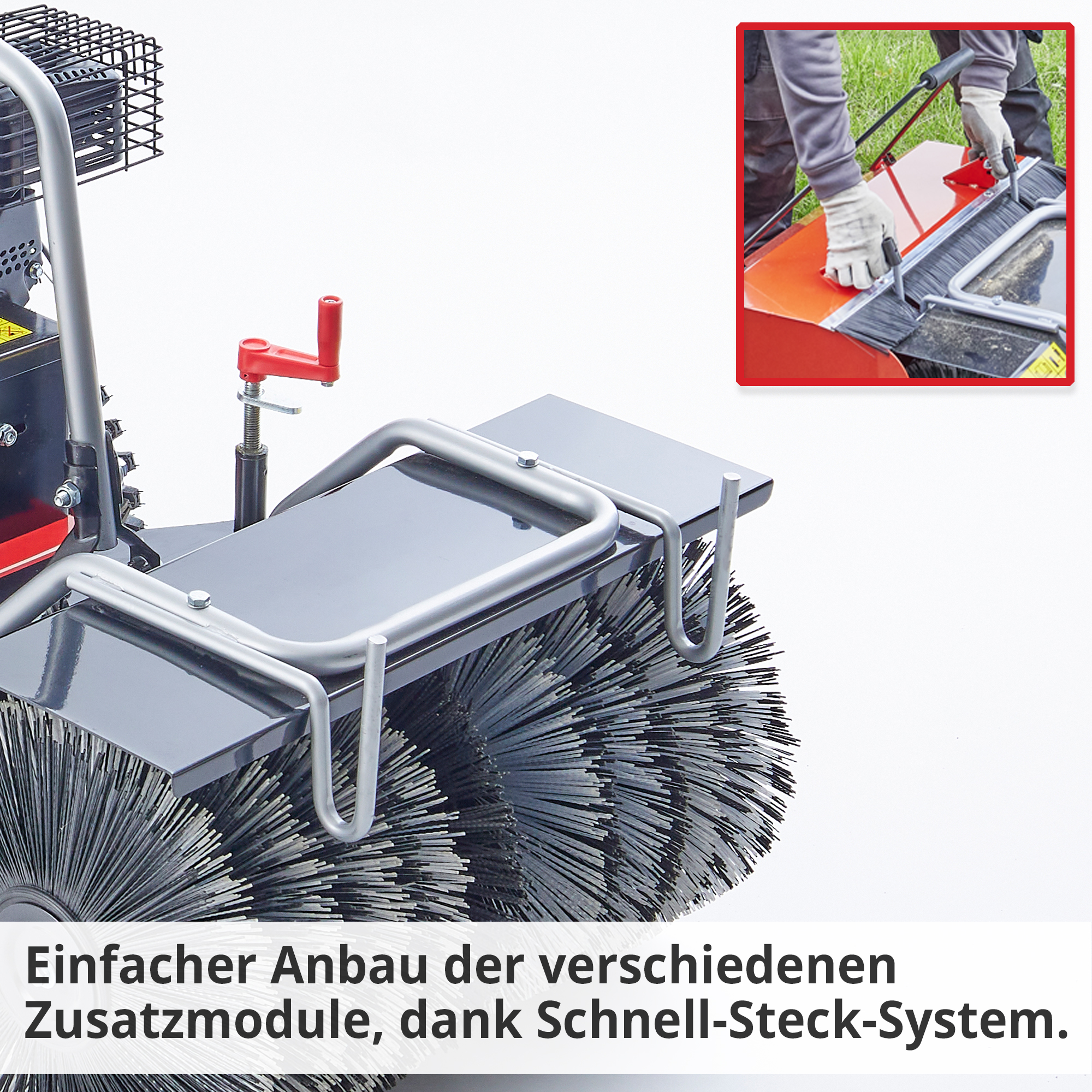 HECHT Benzin Kehrmaschine 8616 SE  - schneller Anbau der verschiedenen Zusatzmodule per Schnell-Steck-System