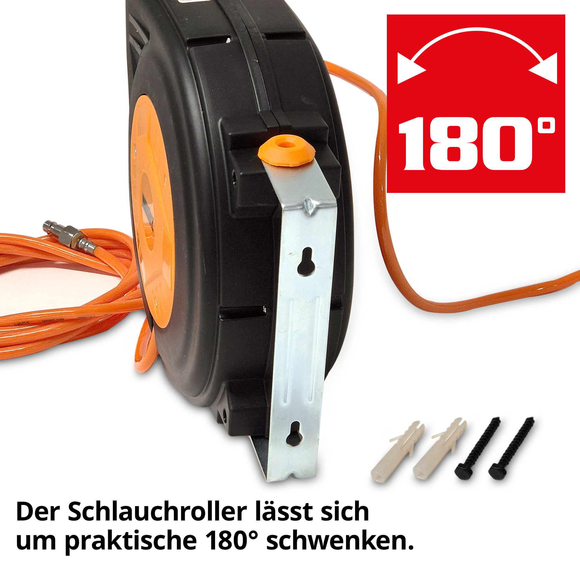 Druckluftschlauchaufroller lässt sich um 180 Grad schwenken