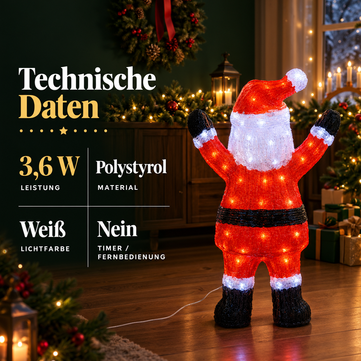 LED Santa Figur: Technische Daten wie 3,6 W Leistung und weißes Licht (Dieses Bild wurde mit Hilfe von KI generiert.)