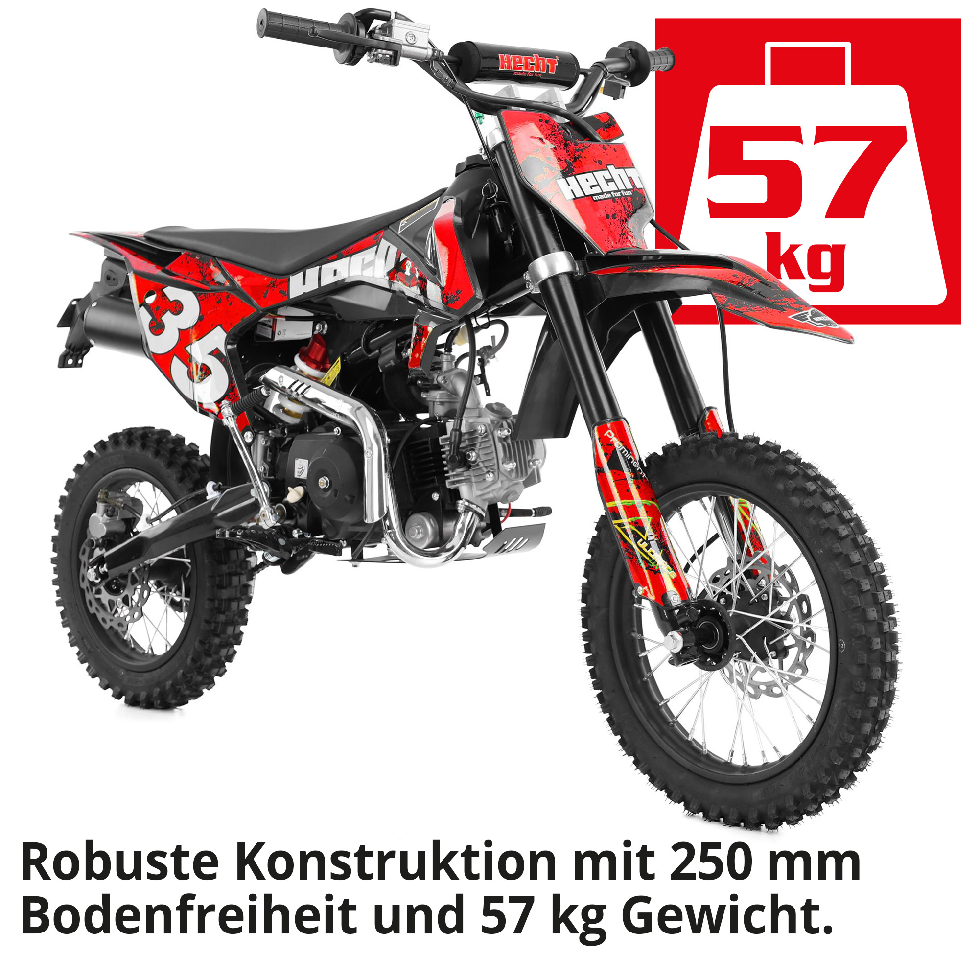 Hecht Motorcrossbike rot mit robuster Kontruktion mit großer Bodenfreiheit und leichtem Gewicht