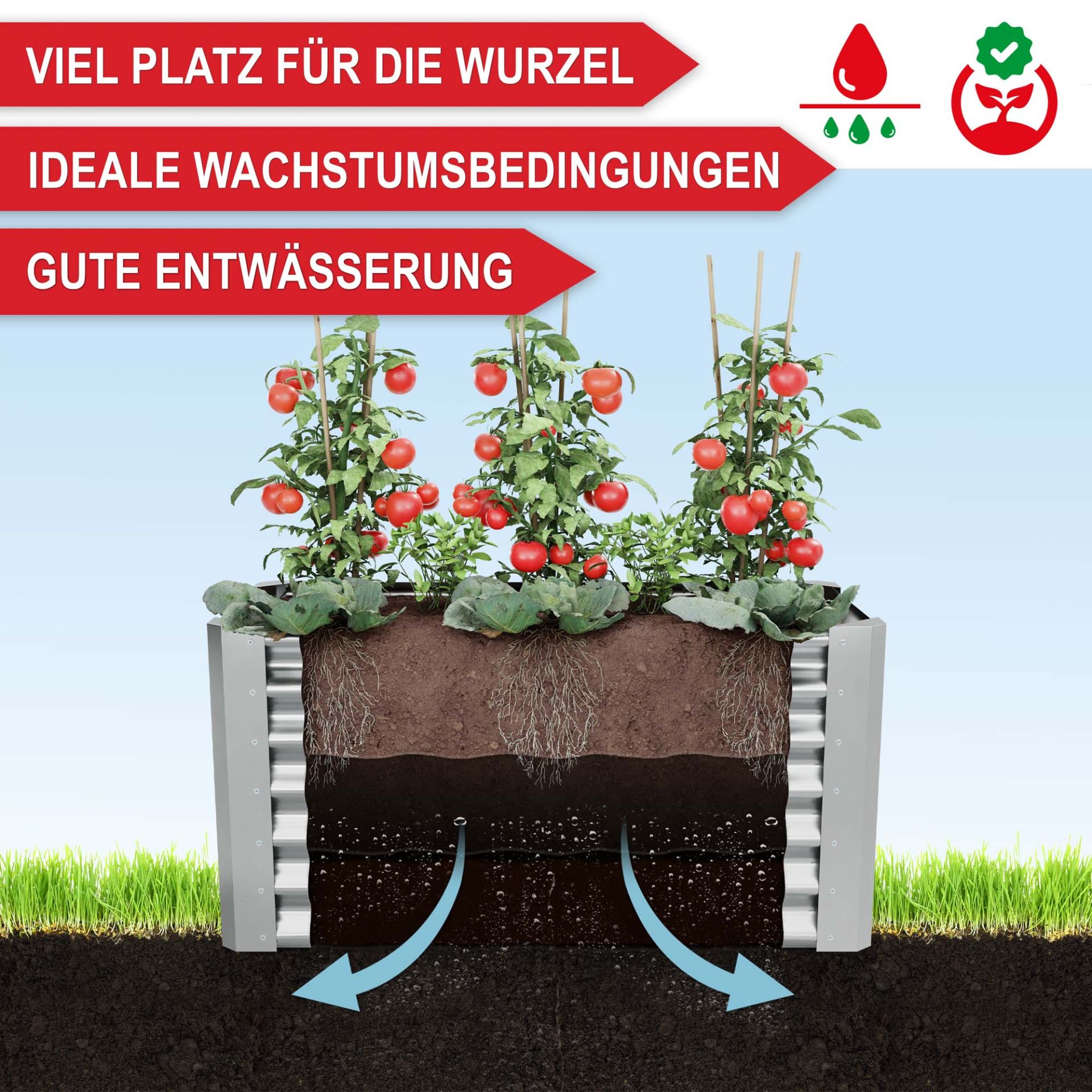 Hochbeet Stahl Silber L - Viel Platz für die Wurzeln, ideale Wachstumsbedingungen, gute Entwässerung