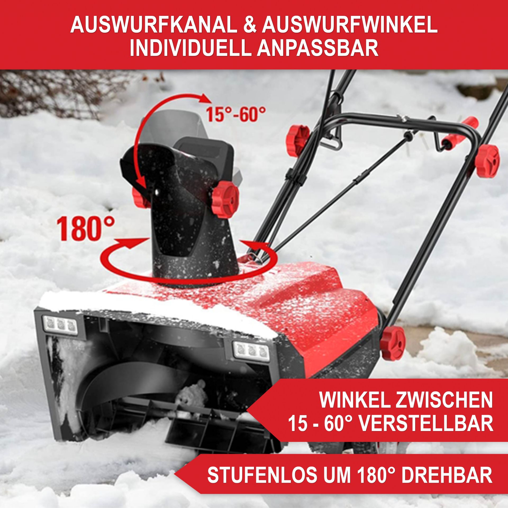 Schneefräse mit verstellbarem Auswurfkanal und 180° Drehwinkel