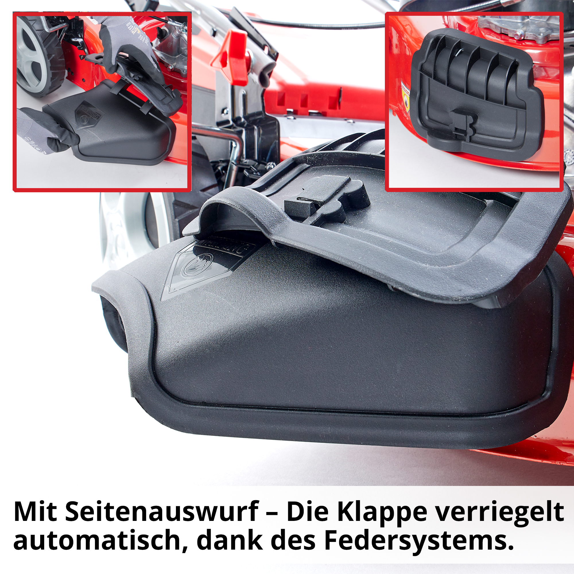 Benzin-Rasenmäher mit Seitenauswurf Klappe verriegelt automatisch dank Federsystem 