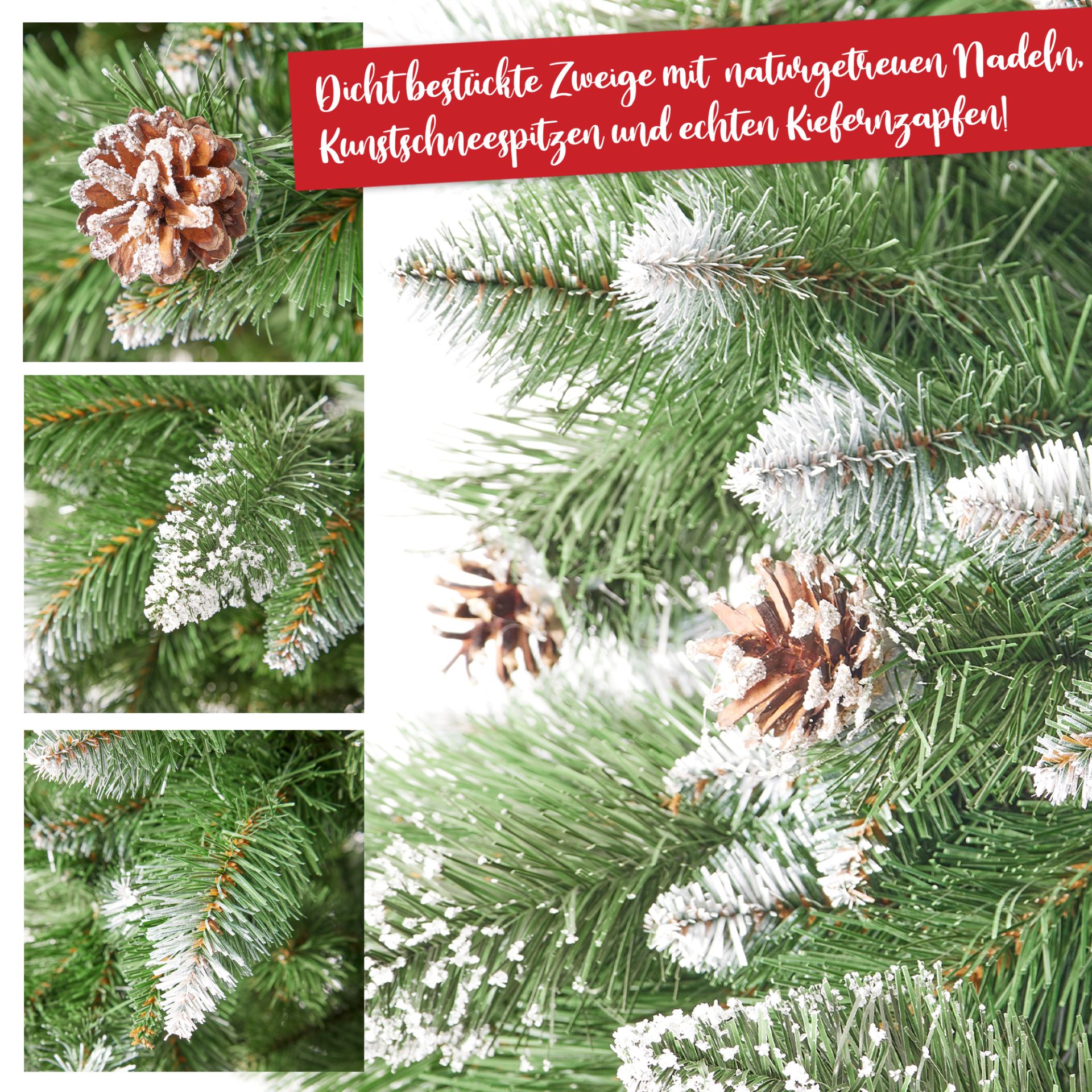 Weihnachtsbaum Winterland; Dicht bestückte Zweige mit naturgetreuen Nadeln, Kunstschneespitzen und echten Kieferzapfen