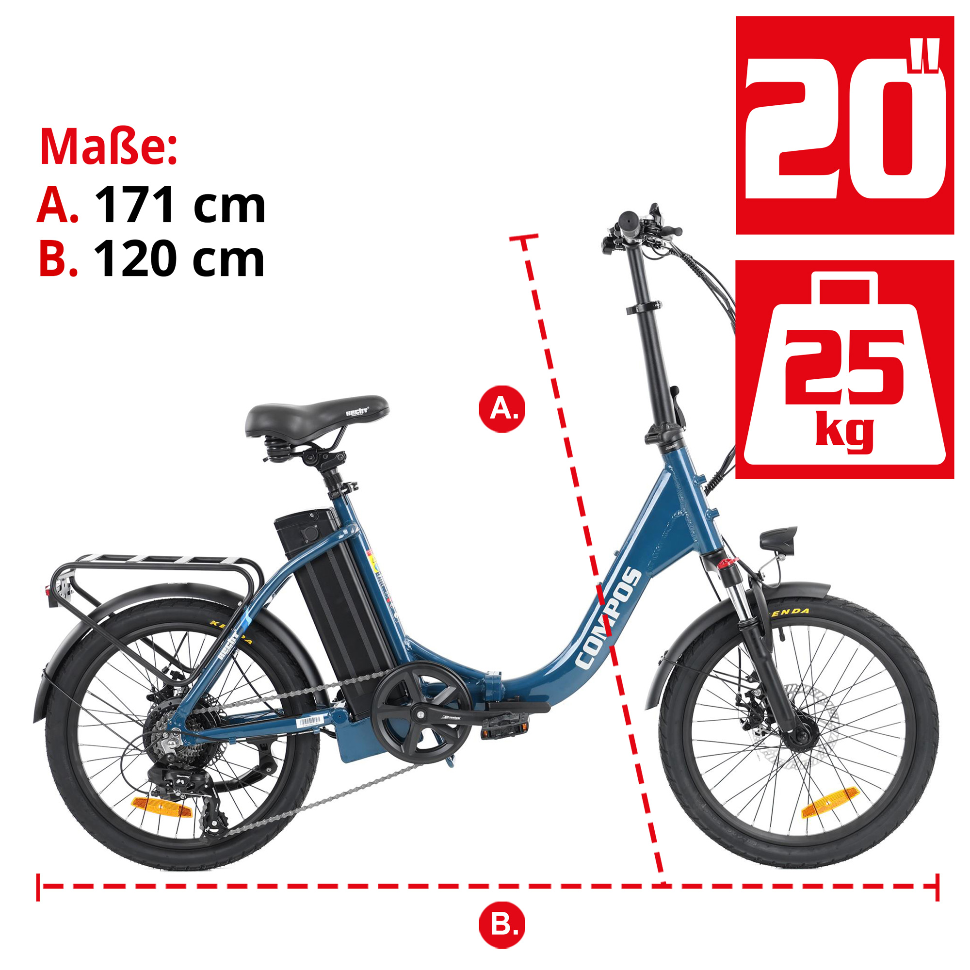 Hecht COMPOS BLUE - Elektro Klapprad mit kompakten Maßen 171 x 120 cm