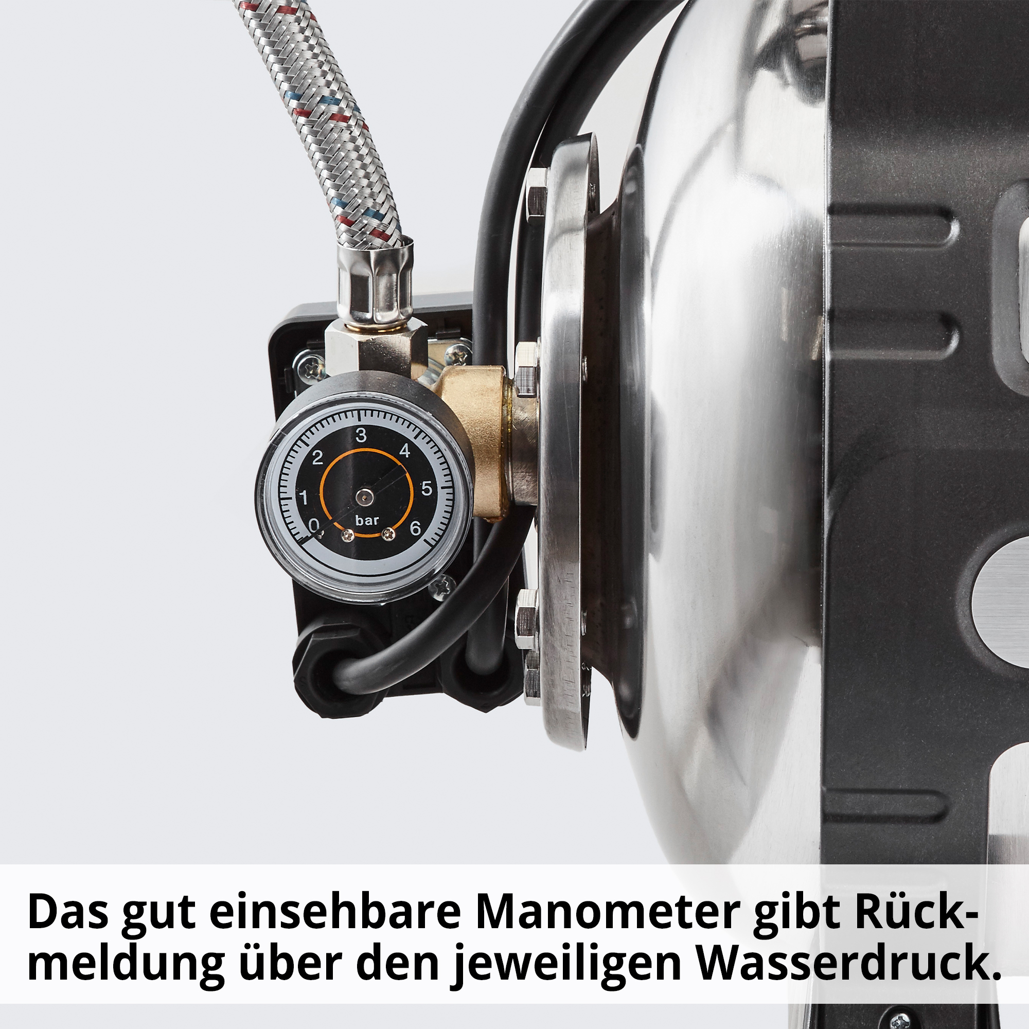 Hecht 3331 INOX Hauswasserwerk; Das gut einsehbare Manometer gibt Rückmeldung über den jeweiligen Wasserdruck