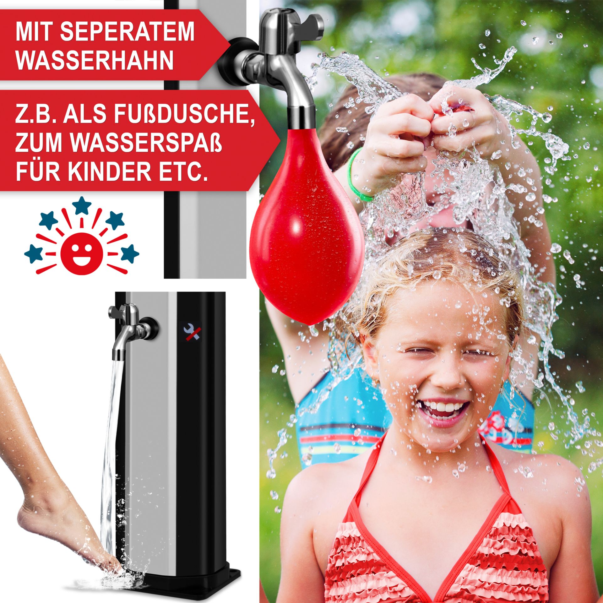 Solardusche schwarz/ silber - Mit seperatem Wasserhahn, zum Beispiel als Fußdusche, Wasserspaß für Kinder