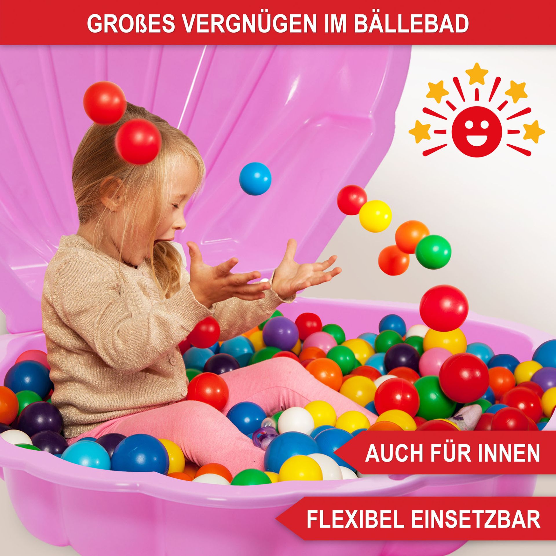 Sandkasten Muschel rosa - großes Vergnügen im Bällebad, auch für innen, flexibel einsetzbar