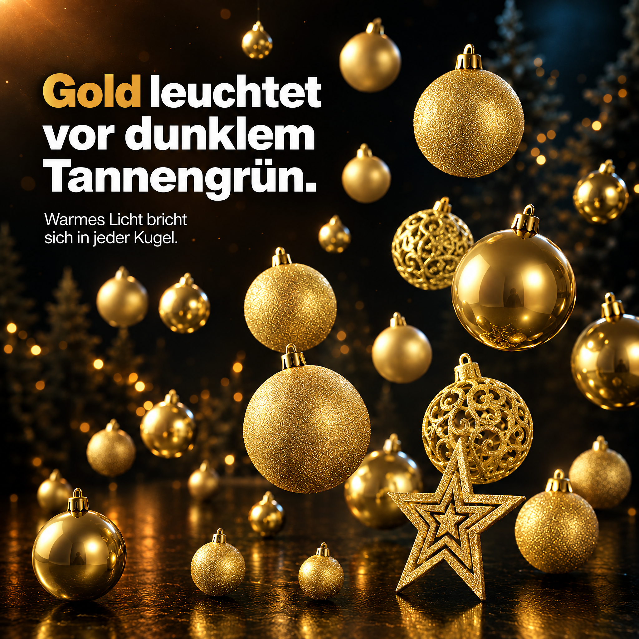 Goldene Baumkugeln: Warmes Licht bricht sich festlich vor Tannengrün. (Dieses Bild wurde mit Hilfe von KI generiert.)
