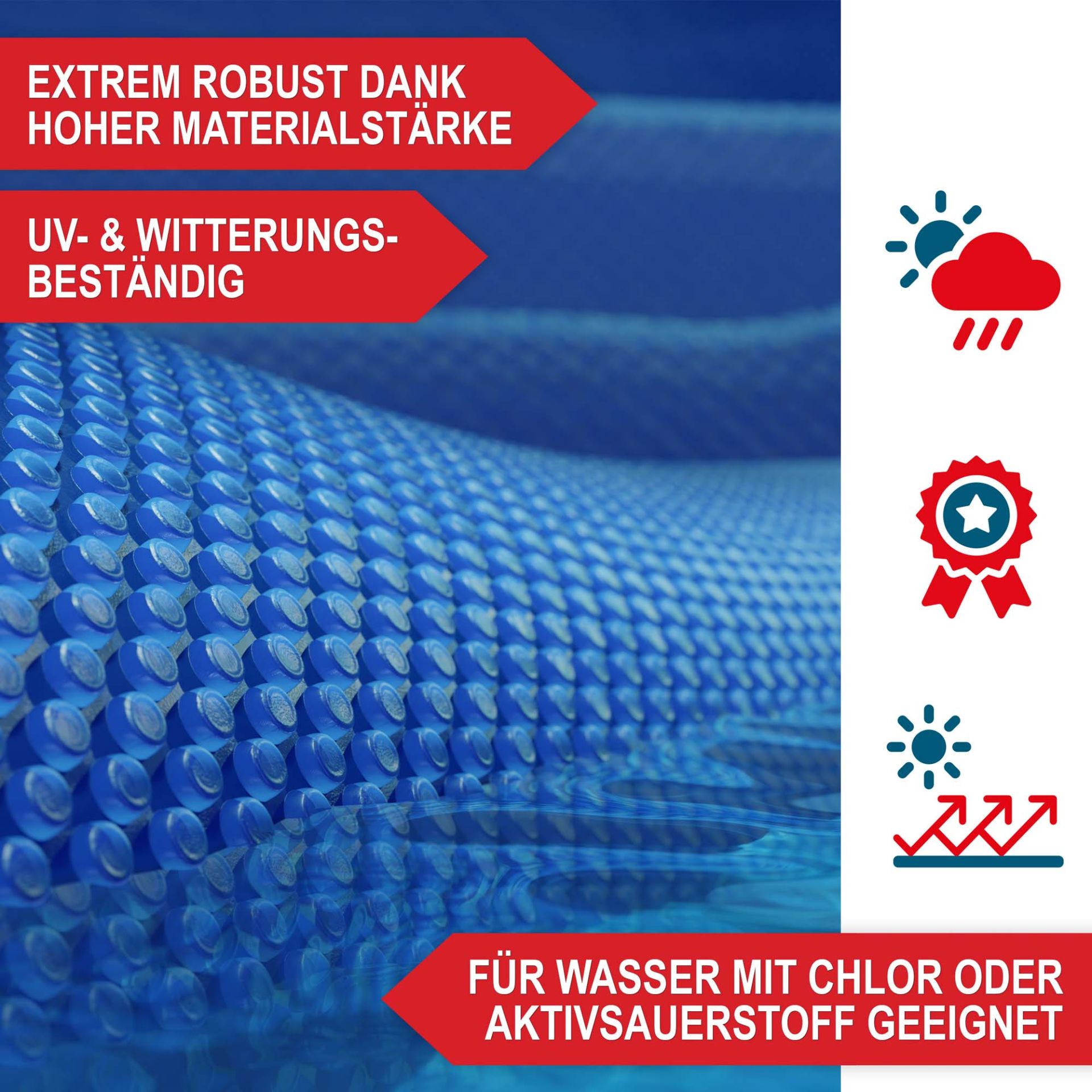 Pool Solarplane L - Extrem robust dank hoher Materialstärke, UV- und Witterungsbeständig, Für Wasser mit Chlor oder Aktivsauerstoff geeignet Pool Solarplane L - Extrem robust dank hoher Materialstärke, UV- und Witterungsbeständig, Für Wasser mit Chlor oder Aktivsauerstoff geeignet