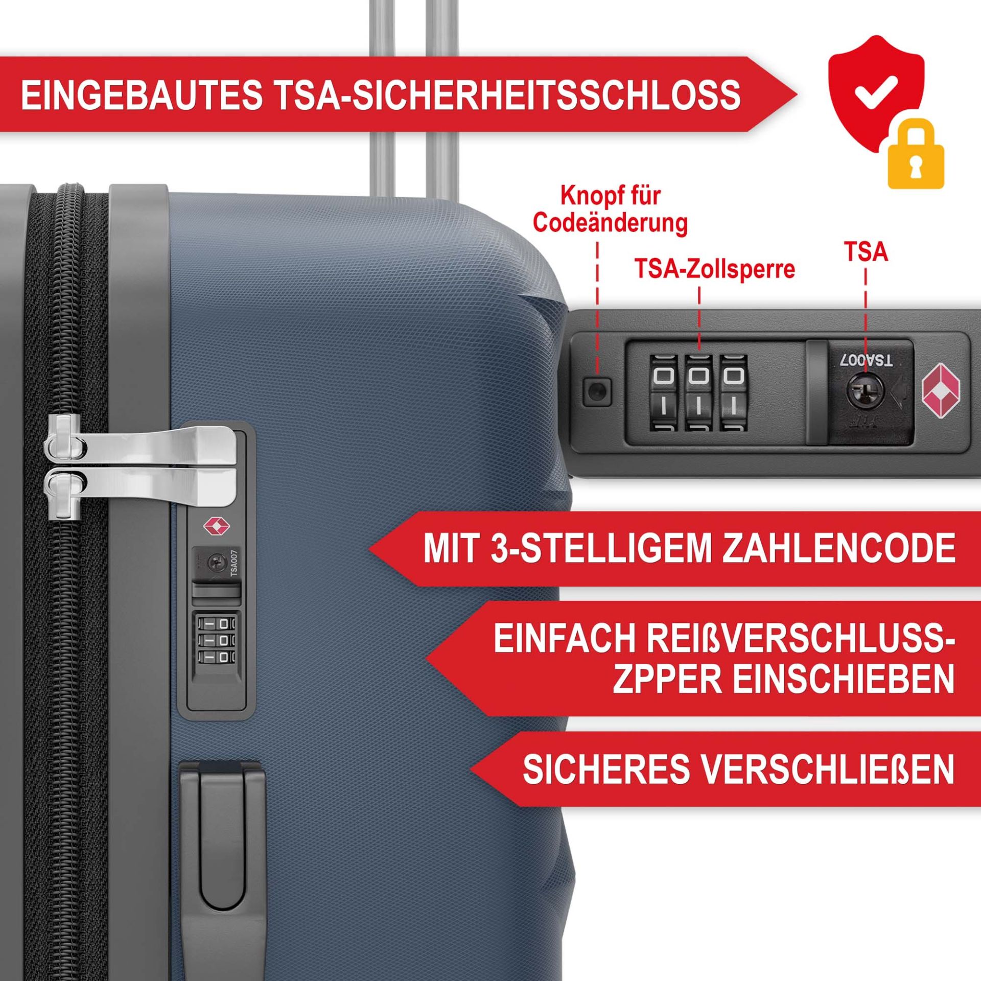 Hartschalenkofferset dunkel blau - Eingebautes TSA-Sicherheitsschloss; Mit 3-stelligem Zahlencode; einfach Reißverschlusszipper einschieben; sicheres Verschließen