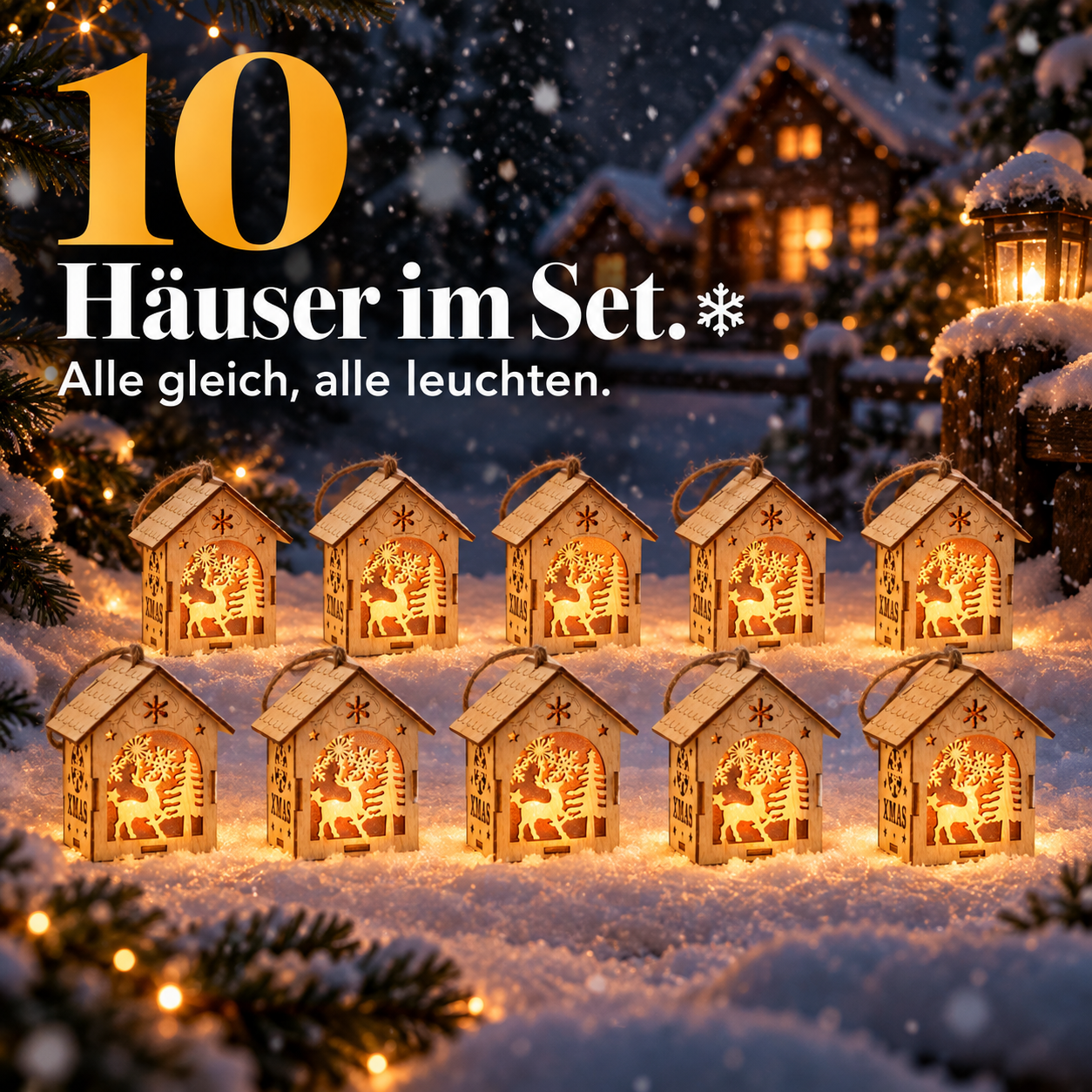 10er Set LED-Holzhäuser ONBEST: Stimmungsvolle Deko im Winterschnee (Dieses Bild wurde mit Hilfe von KI generiert.)