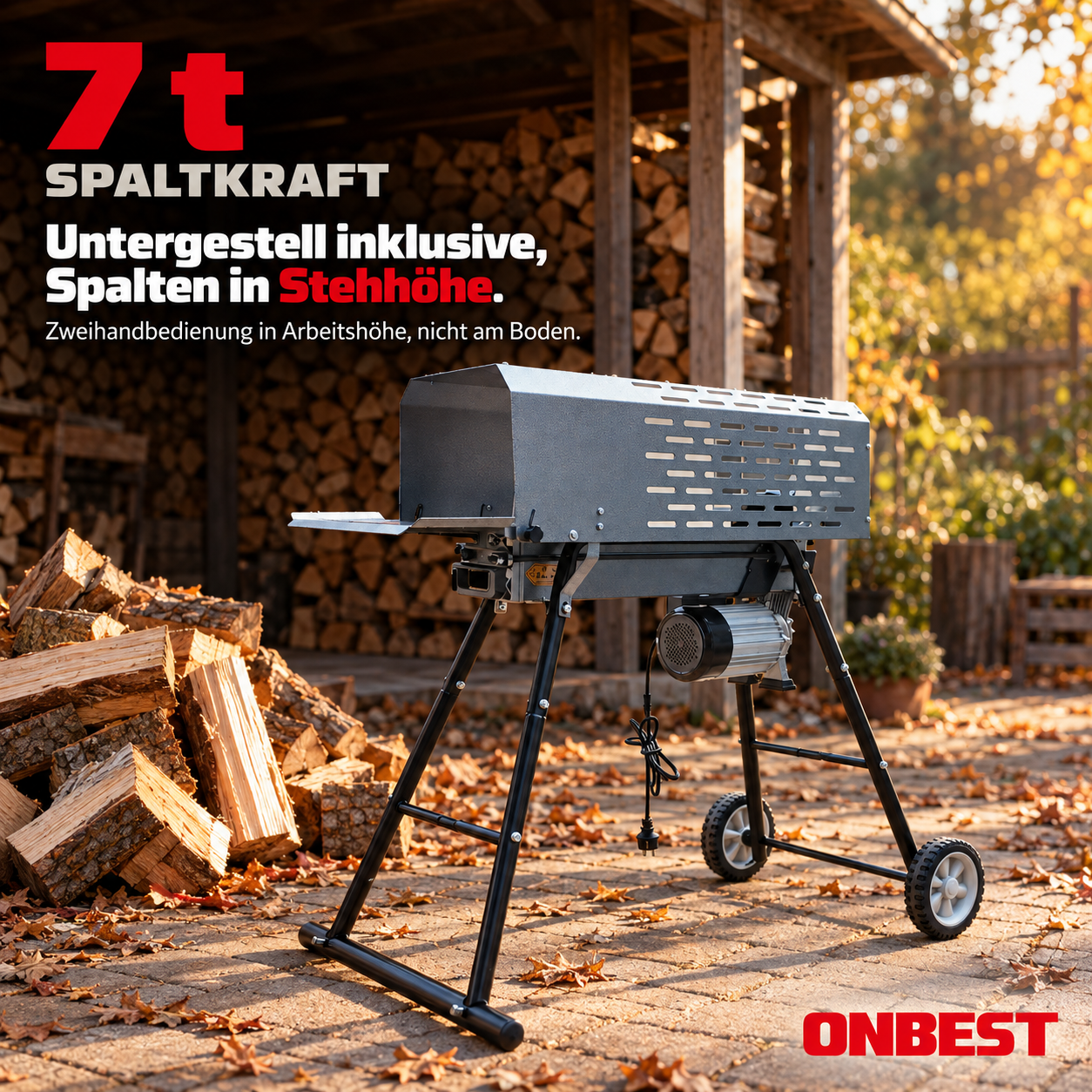 ONBEST Holzspalter LS2052-7T mit 7t Spaltkraft und Untergestell in Stehhöhe (Dieses Bild wurde mit Hilfe von KI generiert.)