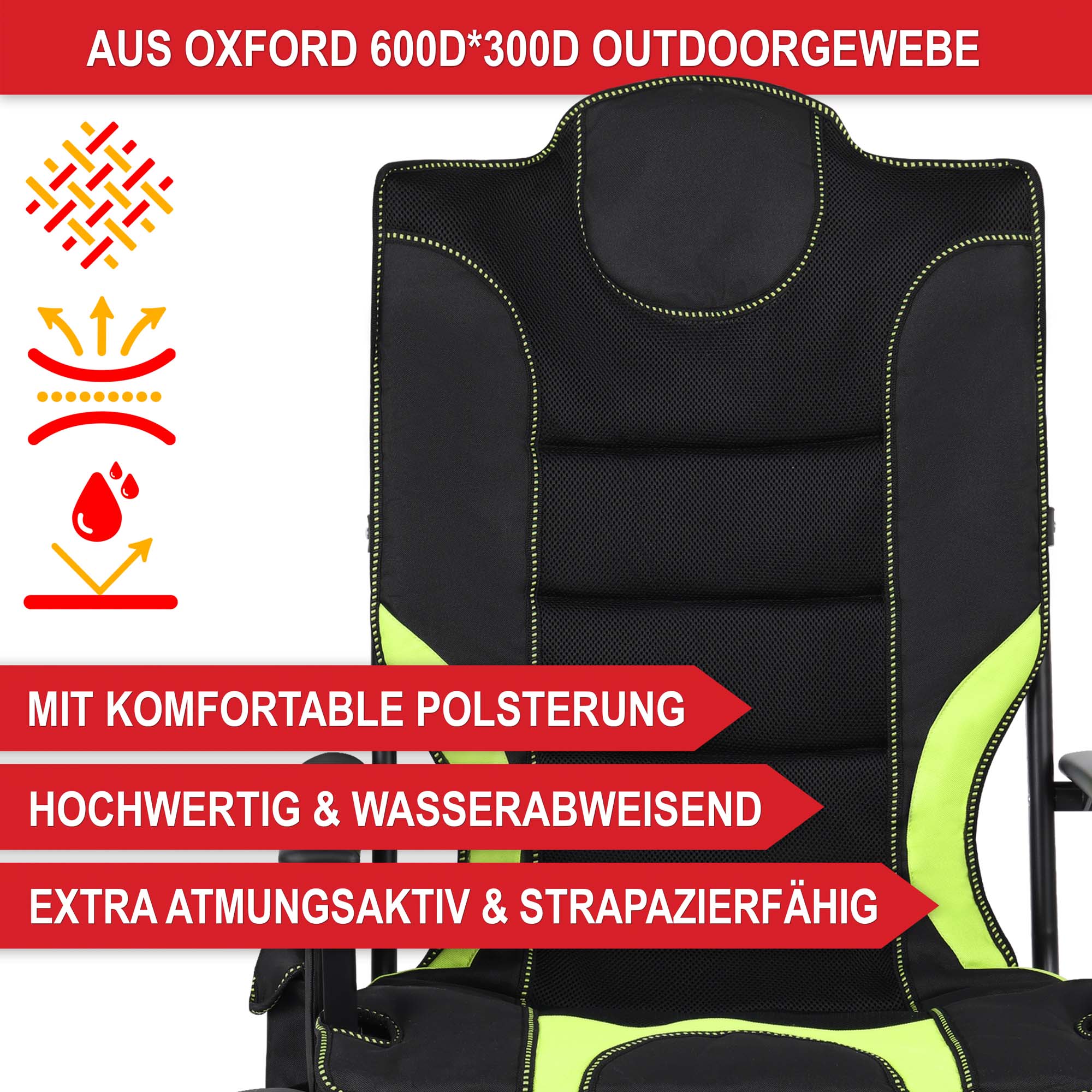 Campingstuhl schwarz/ grün - Mit komfortabler Polsterung, hochwertig und wasserabweisend, extra atmungsakitv und strapazierfähig
