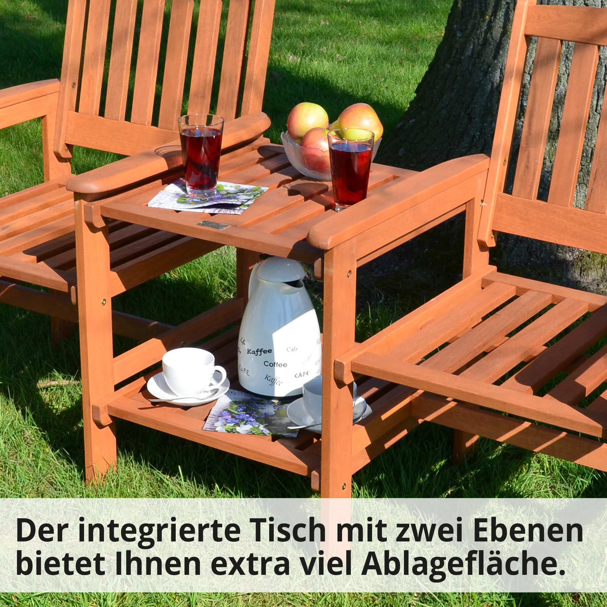Gartenbank mit praktischem Tisch – bietet viel Ablagefläche für Getränke, Bücher und Snacks Gartenbank mit praktischem Tisch – bietet viel Ablagefläche für Getränke, Bücher und Snacks
