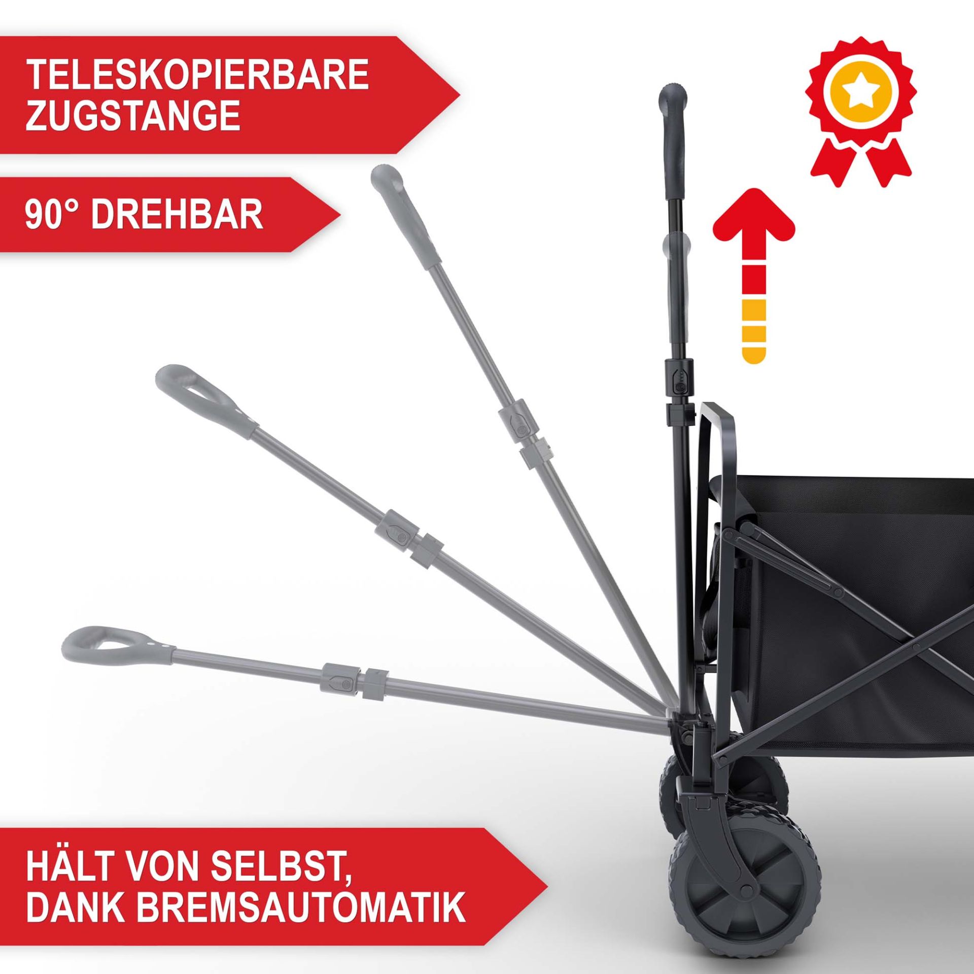 Bollerwagen schwarz - teleskopierbare Zugstange, 90 Grad drehbar, hält von selbst dank Bremsautomatik