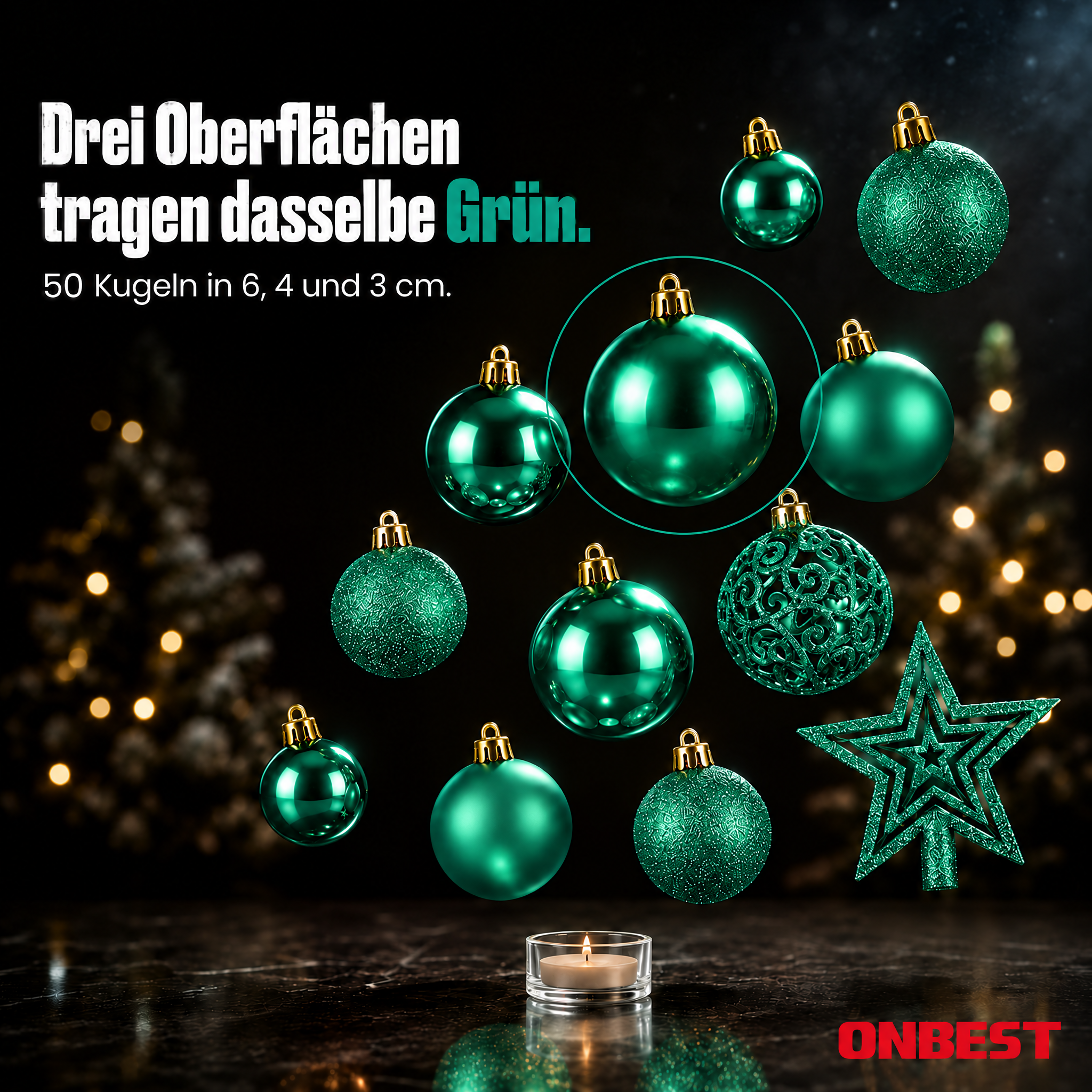 ONBEST Christbaumkugeln Grün: Drei Oberflächen und Größen im Set. (Dieses Bild wurde mit Hilfe von KI generiert.)