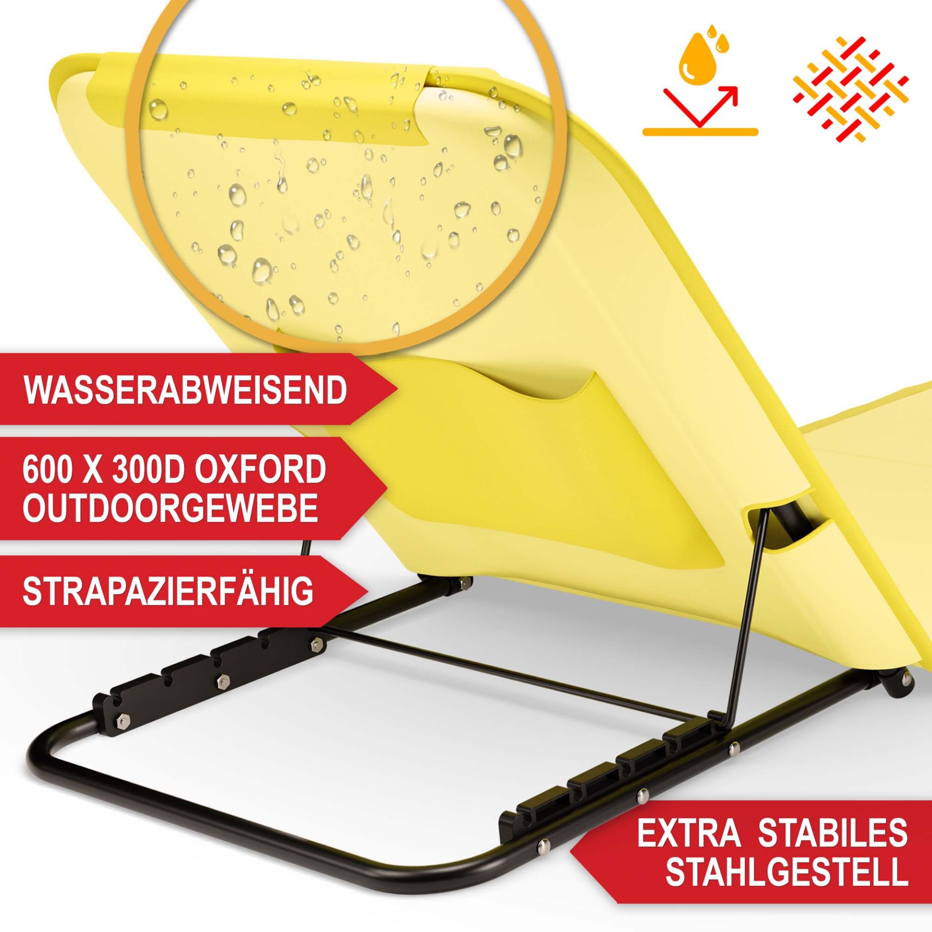 Strandliege gelb - wasserabweisend, strapazierfähig, 600 mal 300D Oxford Outdoorgewebe, extra stabiles Stahlgestell
